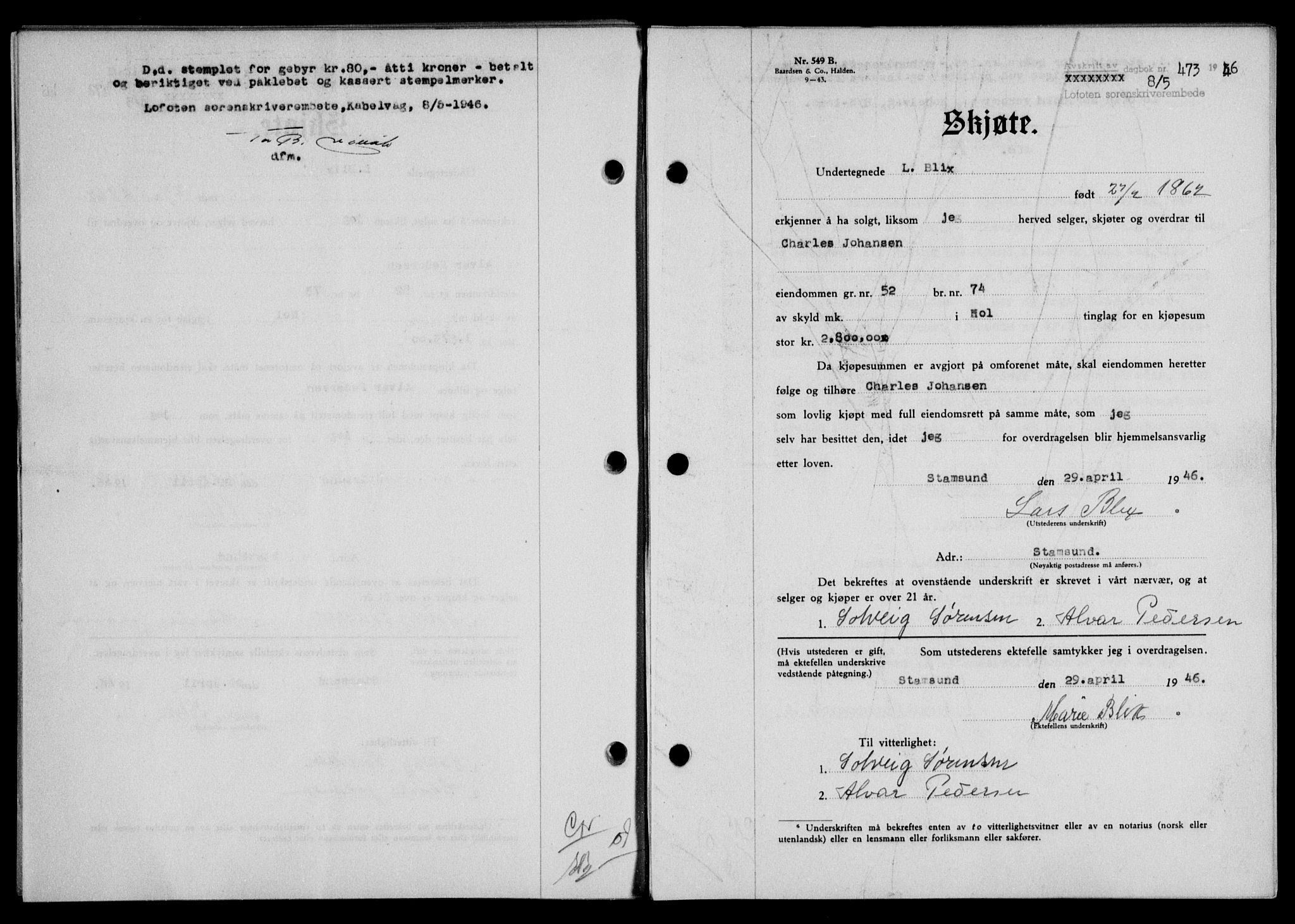 Lofoten sorenskriveri, SAT/A-0017/1/2/2C/L0014a: Mortgage book no. 14a, 1946-1946, Diary no: : 473/1946