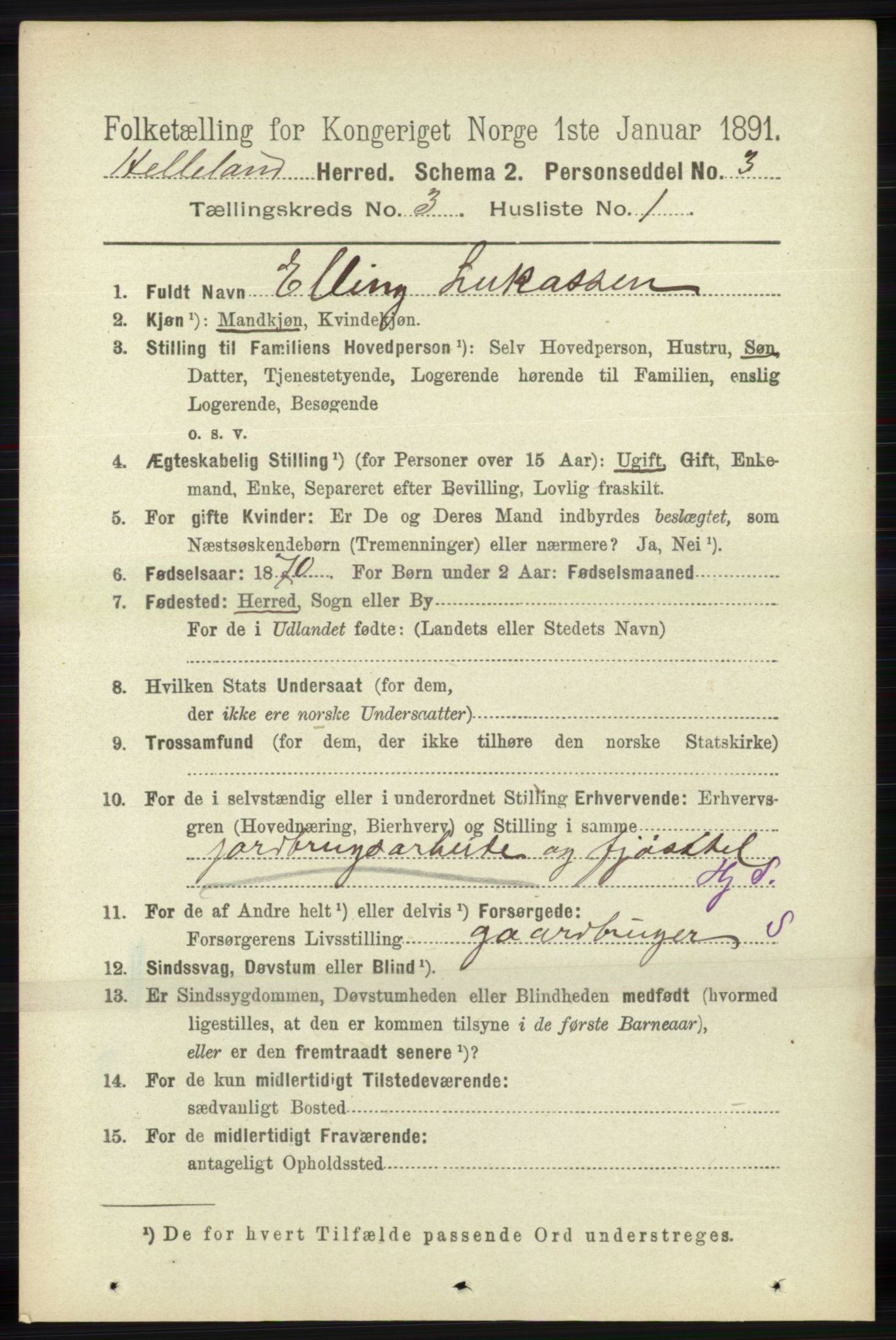 RA, 1891 census for 1115 Helleland, 1891, p. 841