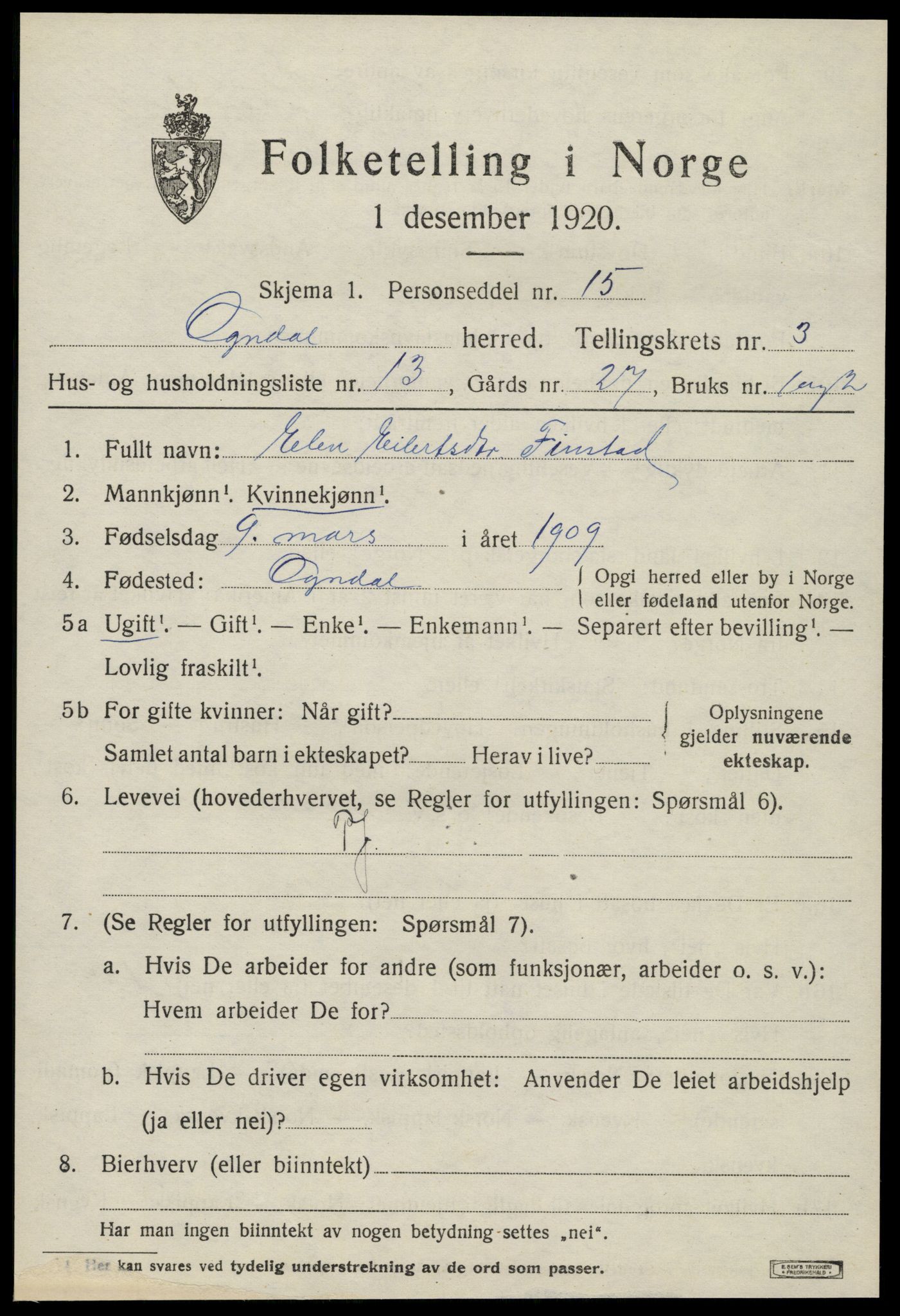 SAT, 1920 census for Ogndal, 1920, p. 1363