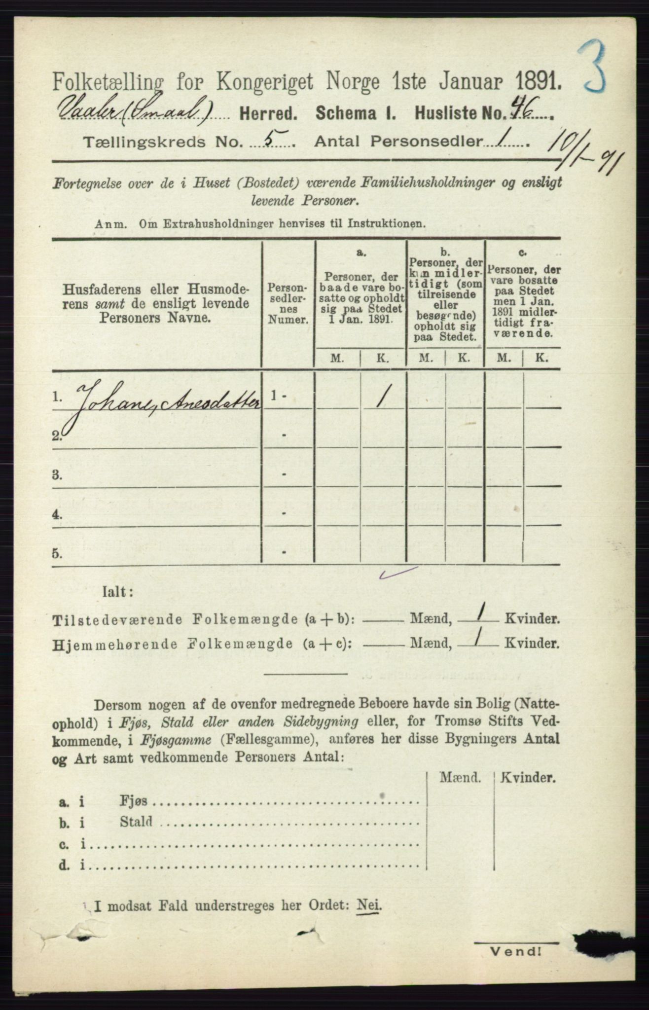 RA, 1891 census for 0137 Våler, 1891, p. 1975