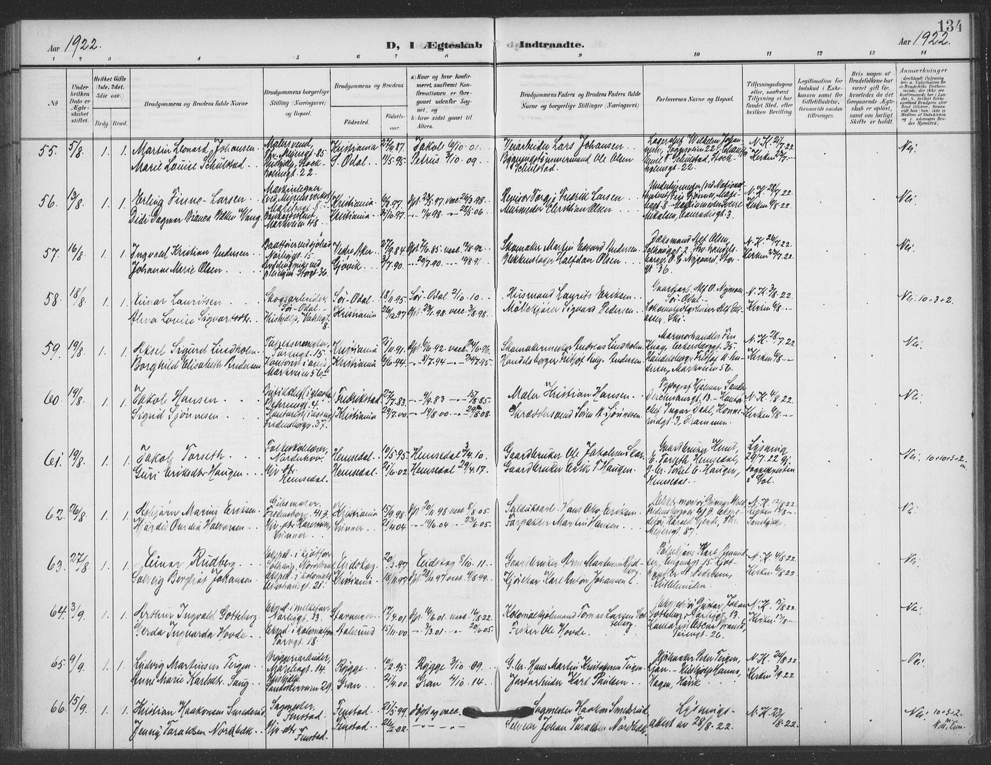 Jakob prestekontor Kirkebøker, SAO/A-10850/F/Fa/L0010: Parish register (official) no. 10, 1908-1922, p. 134