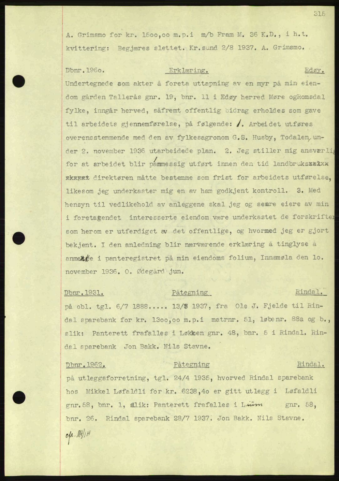 Nordmøre sorenskriveri, AV/SAT-A-4132/1/2/2Ca: Mortgage book no. C80, 1936-1939, Diary no: : 1960/1937