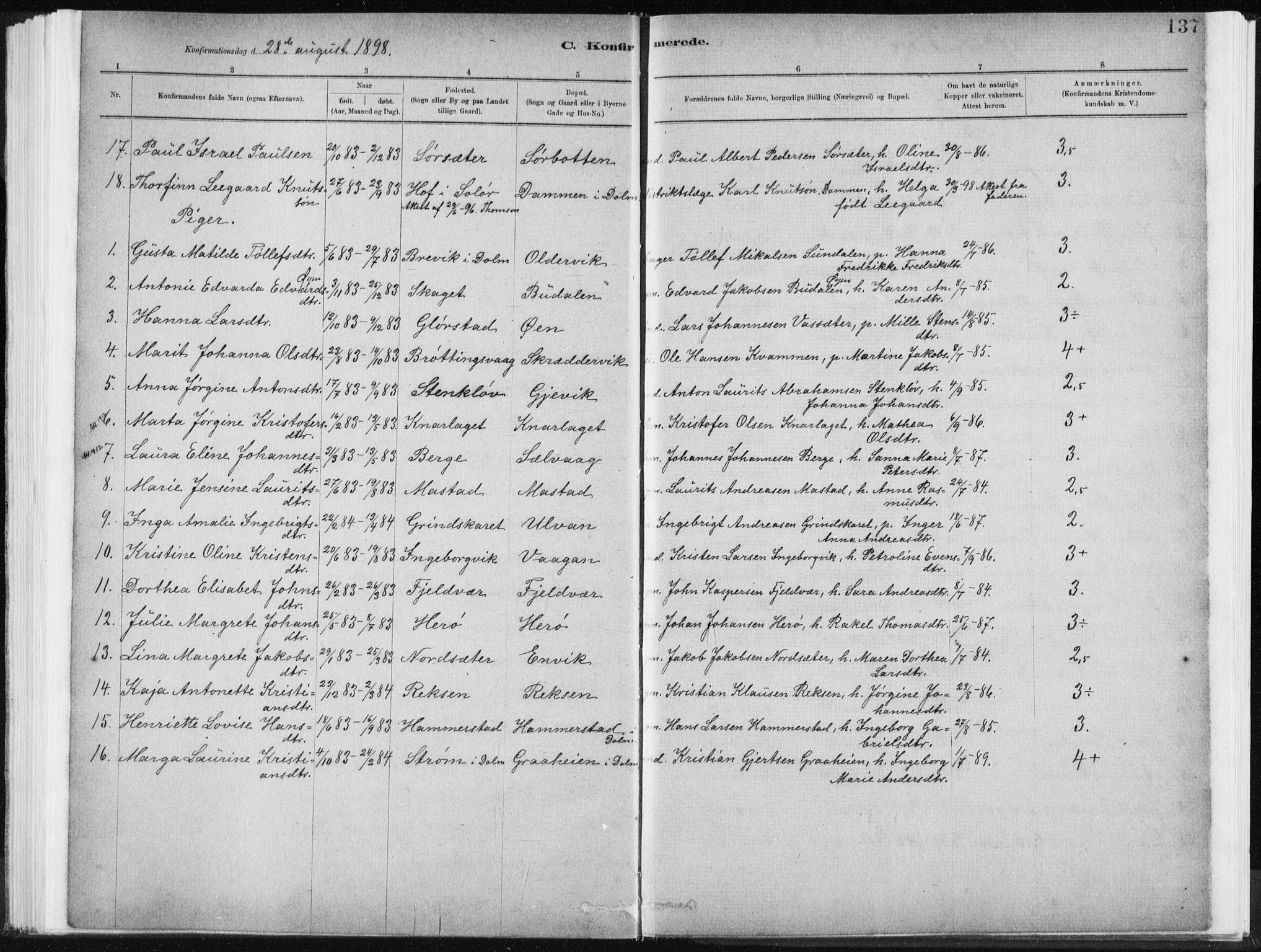 Ministerialprotokoller, klokkerbøker og fødselsregistre - Sør-Trøndelag, SAT/A-1456/637/L0558: Parish register (official) no. 637A01, 1882-1899, p. 137