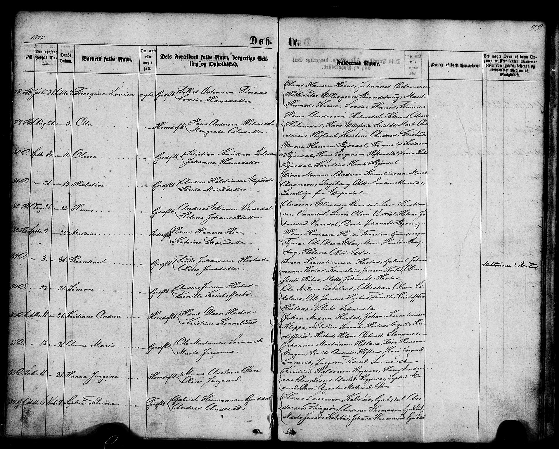 Fjaler sokneprestembete, AV/SAB-A-79801/H/Haa/Haaa/L0007: Parish register (official) no. A 7, 1862-1881, p. 99