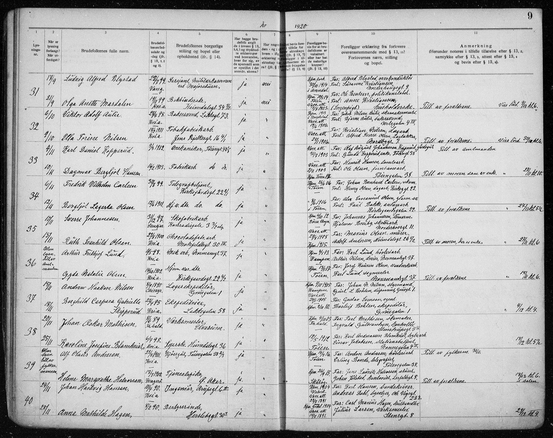 Tøyen prestekontor Kirkebøker, AV/SAO-A-10167a/H/Ha/L0001: Banns register no. 1, 1919-1937, p. 9