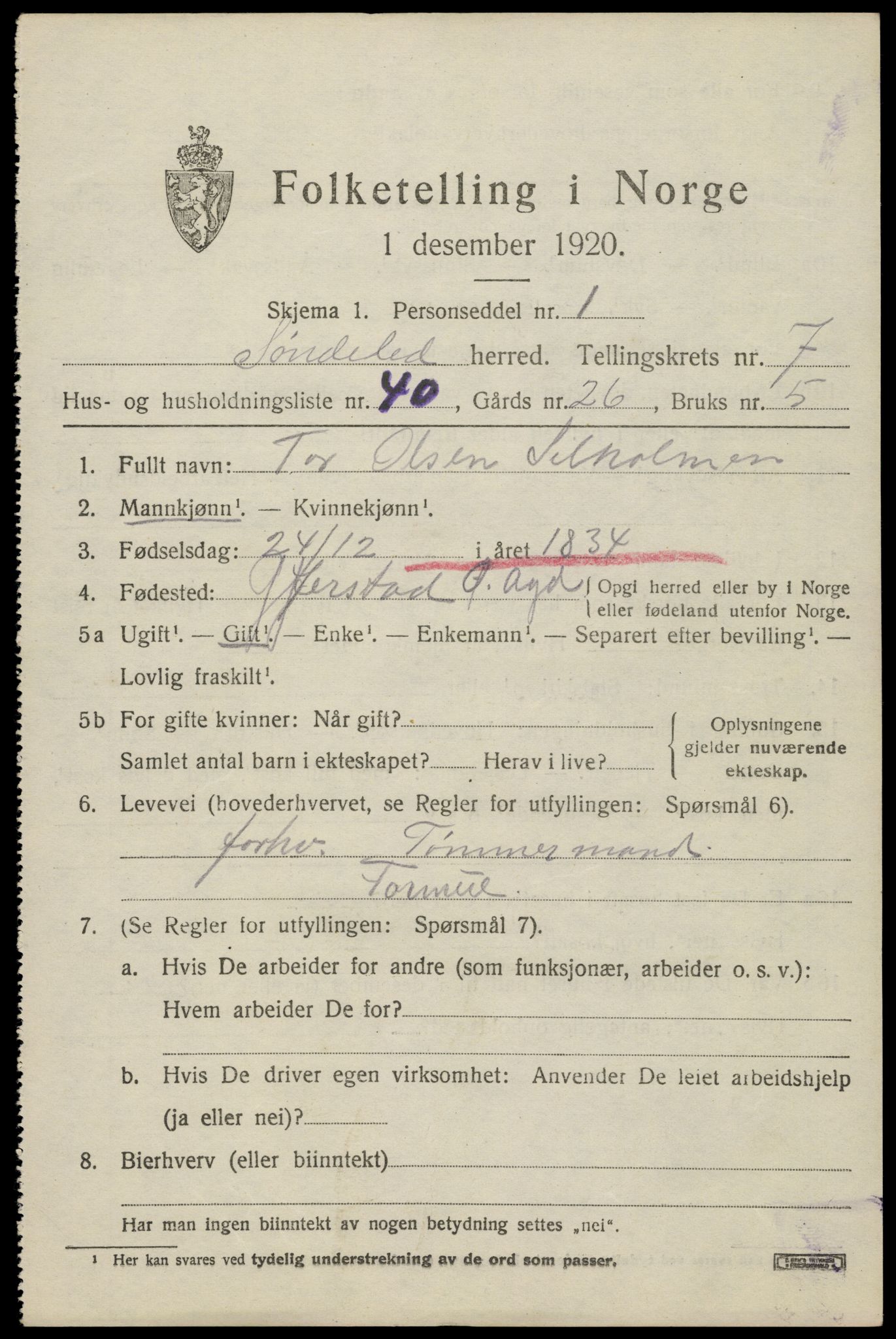 SAK, 1920 census for Søndeled, 1920, p. 4307