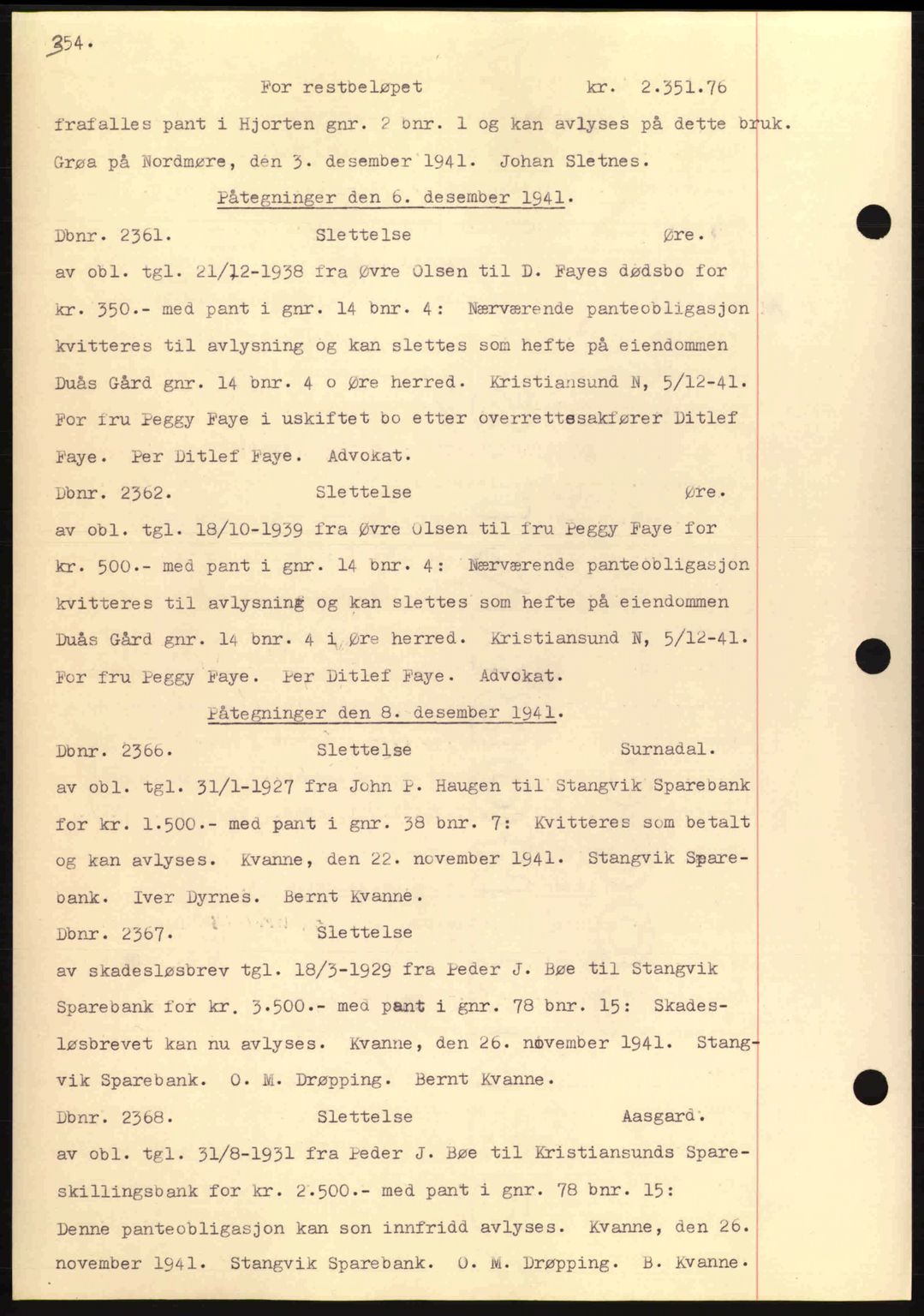 Nordmøre sorenskriveri, AV/SAT-A-4132/1/2/2Ca: Mortgage book no. C81, 1940-1945, Diary no: : 2361/1941