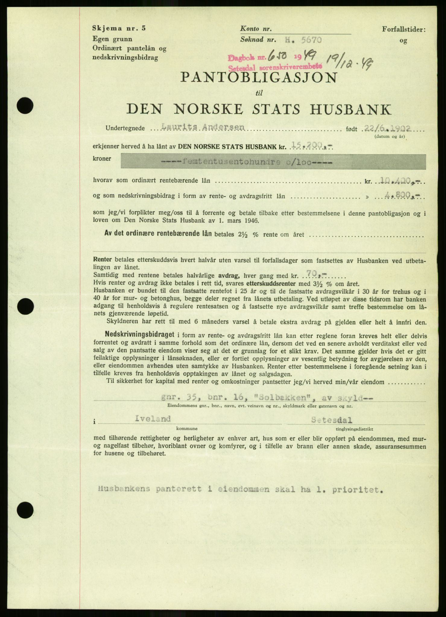 Setesdal sorenskriveri, SAK/1221-0011/G/Gb/L0050: Mortgage book no. B 38, 1949-1952, Diary no: : 650/1949