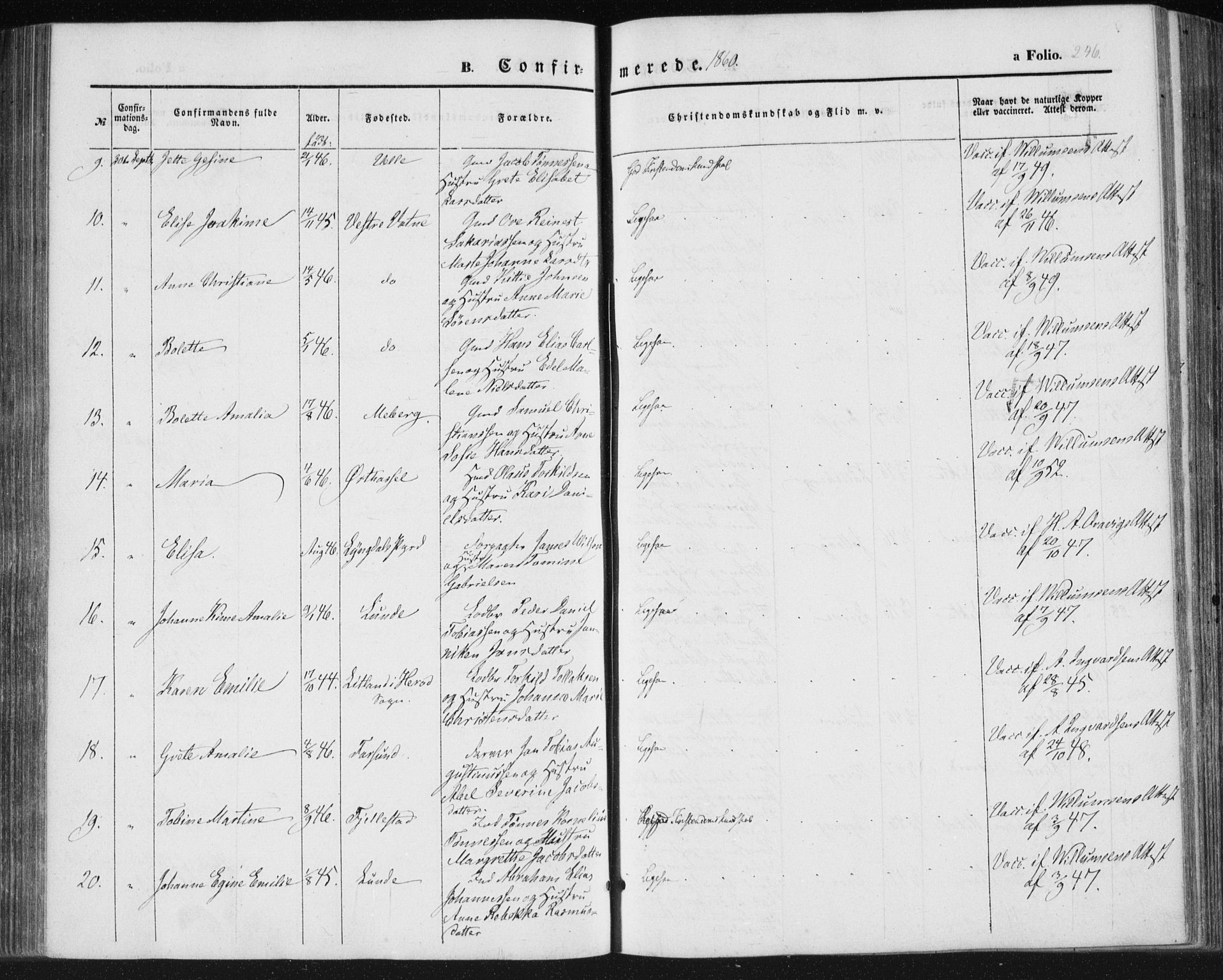 Lista sokneprestkontor, AV/SAK-1111-0027/F/Fa/L0010: Parish register (official) no. A 10, 1846-1861, p. 246