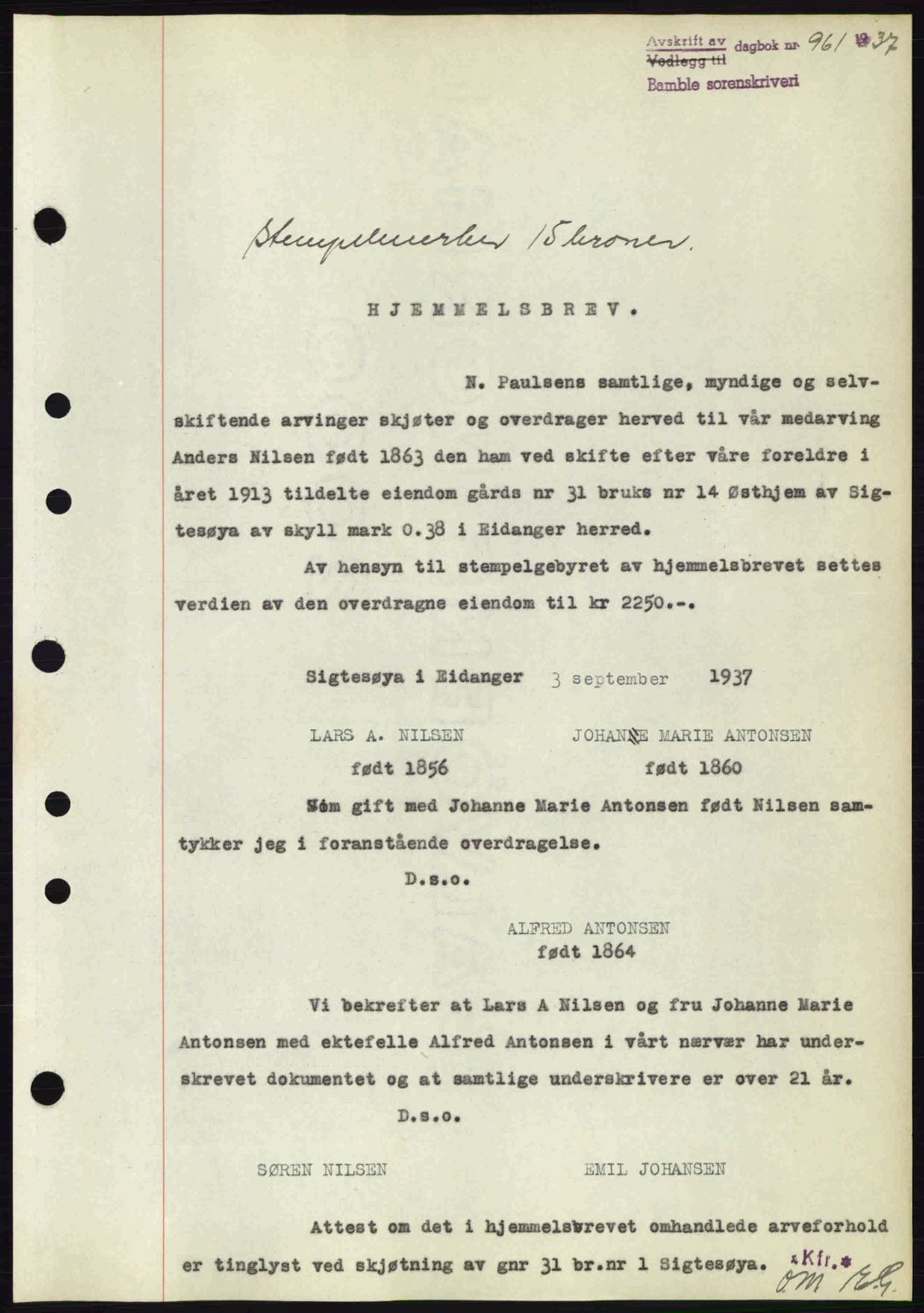 Bamble sorenskriveri, AV/SAKO-A-214/G/Ga/Gag/L0002: Mortgage book no. A-2, 1937-1938, Diary no: : 961/1937