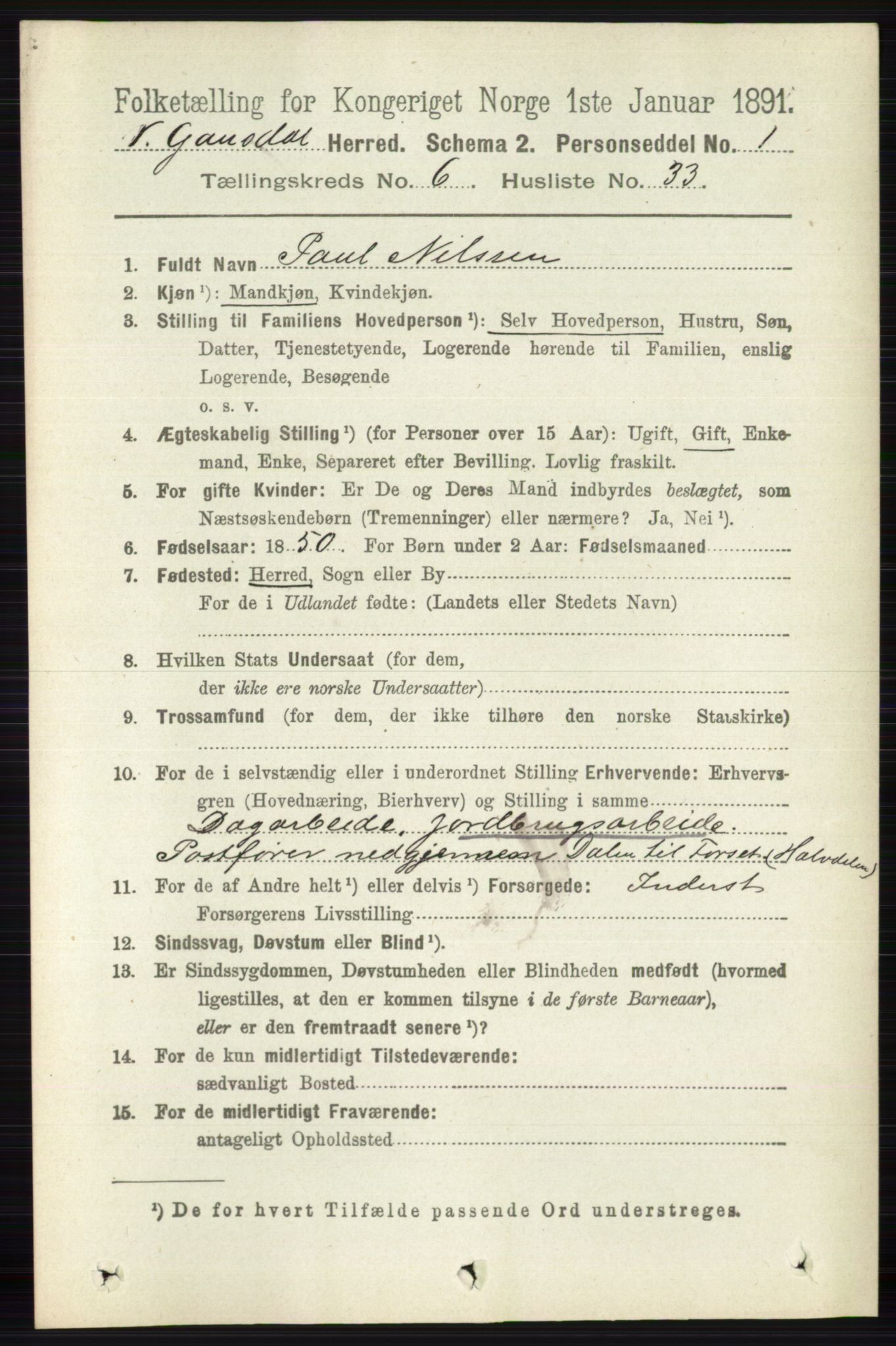 RA, 1891 census for 0523 Vestre Gausdal, 1891, p. 2755