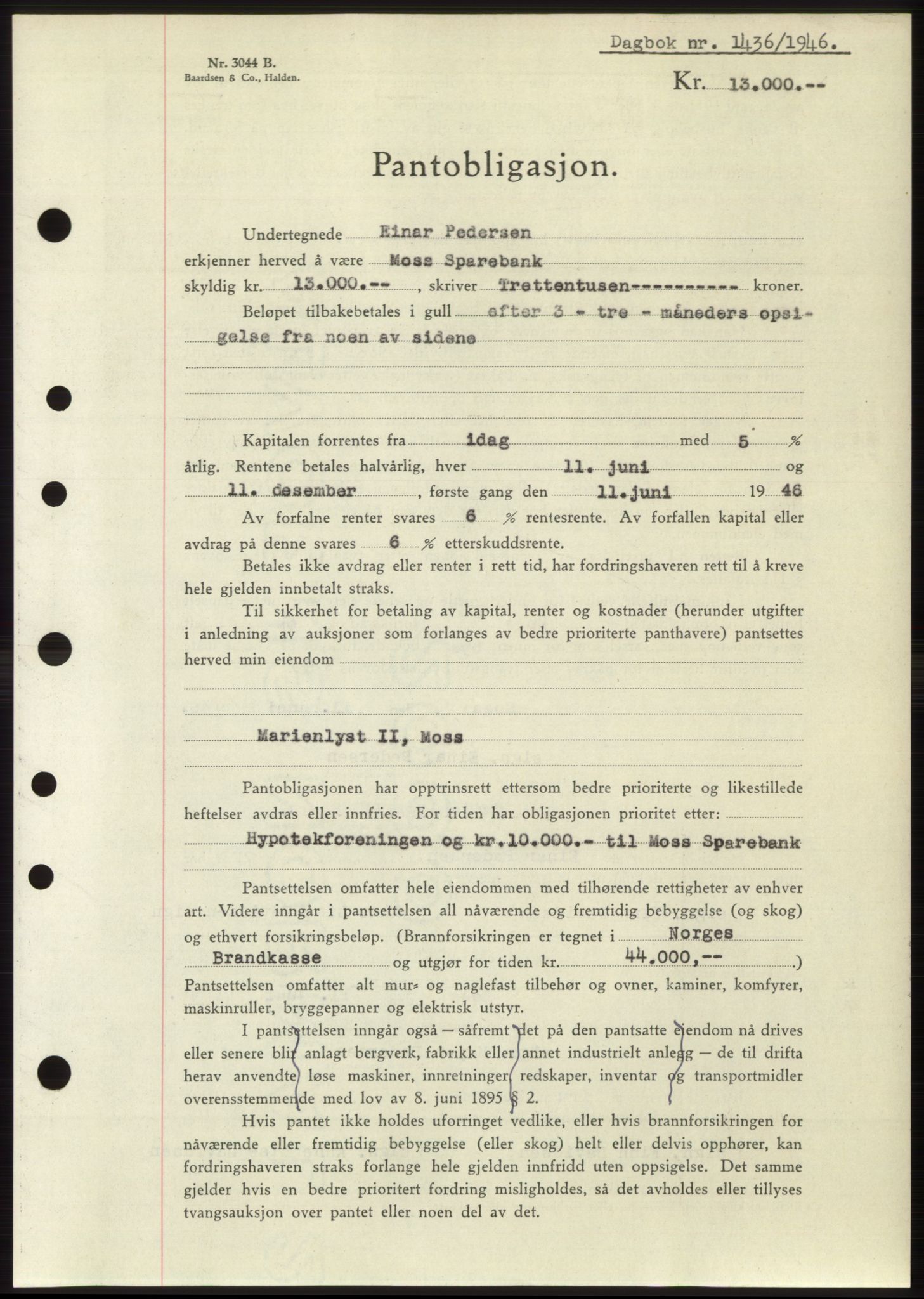 Moss sorenskriveri, AV/SAO-A-10168: Mortgage book no. B15, 1946-1946, Diary no: : 1436/1946