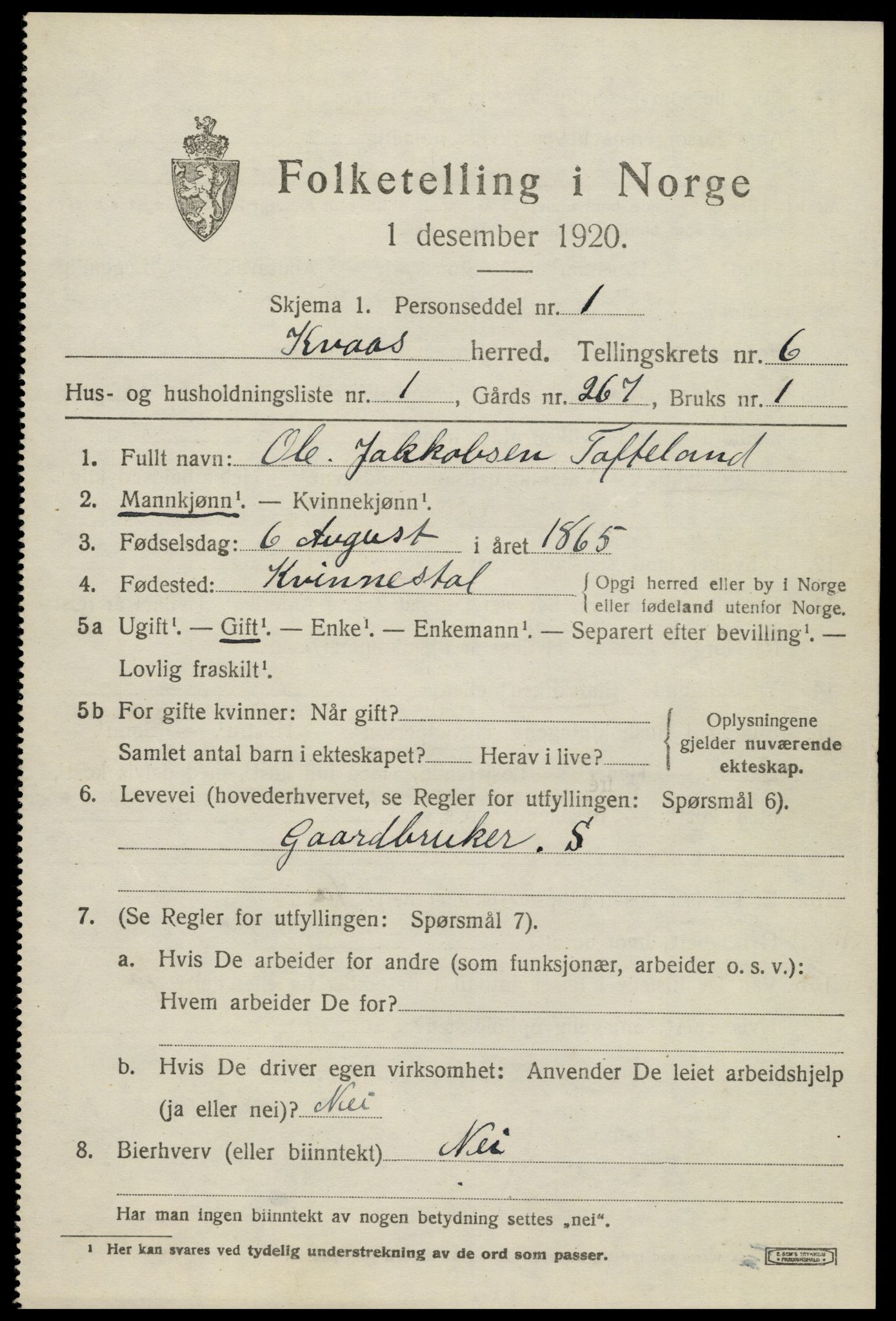 SAK, 1920 census for Kvås, 1920, p. 1502