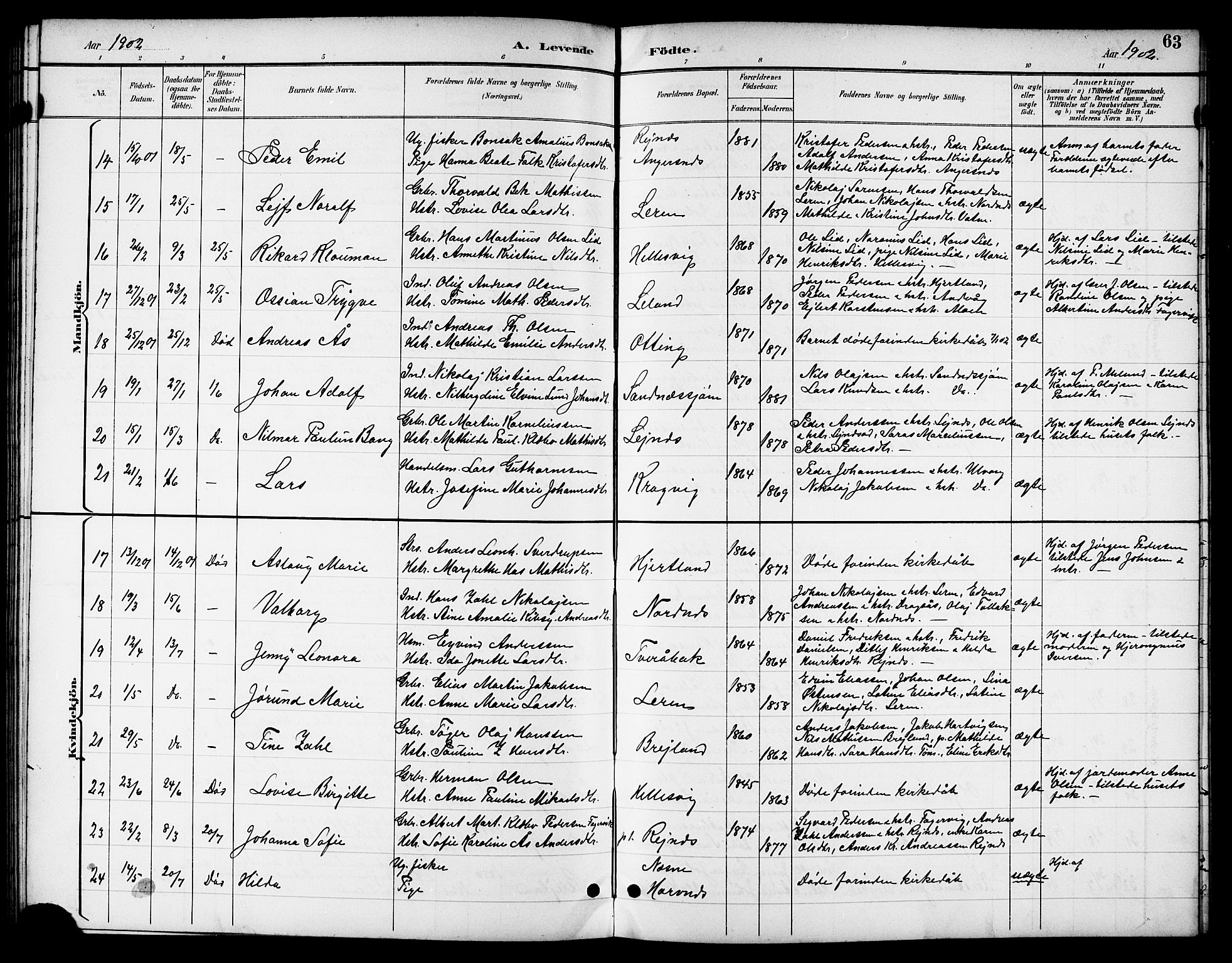 Ministerialprotokoller, klokkerbøker og fødselsregistre - Nordland, AV/SAT-A-1459/831/L0478: Parish register (copy) no. 831C05, 1892-1909, p. 63