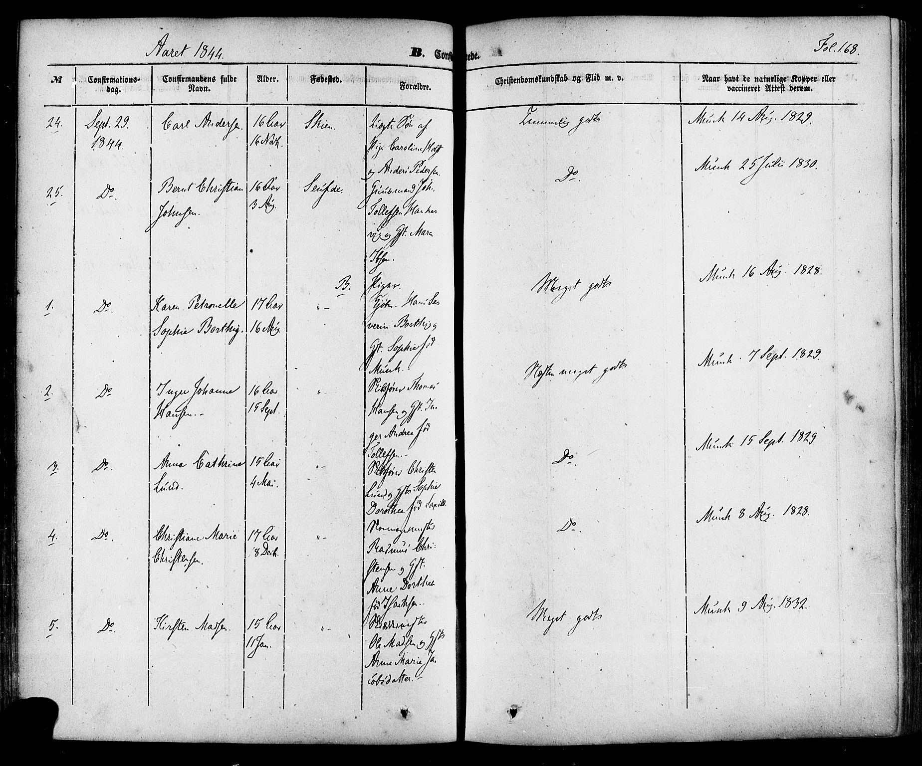 Skien kirkebøker, AV/SAKO-A-302/F/Fa/L0006a: Parish register (official) no. 6A, 1843-1856, p. 168