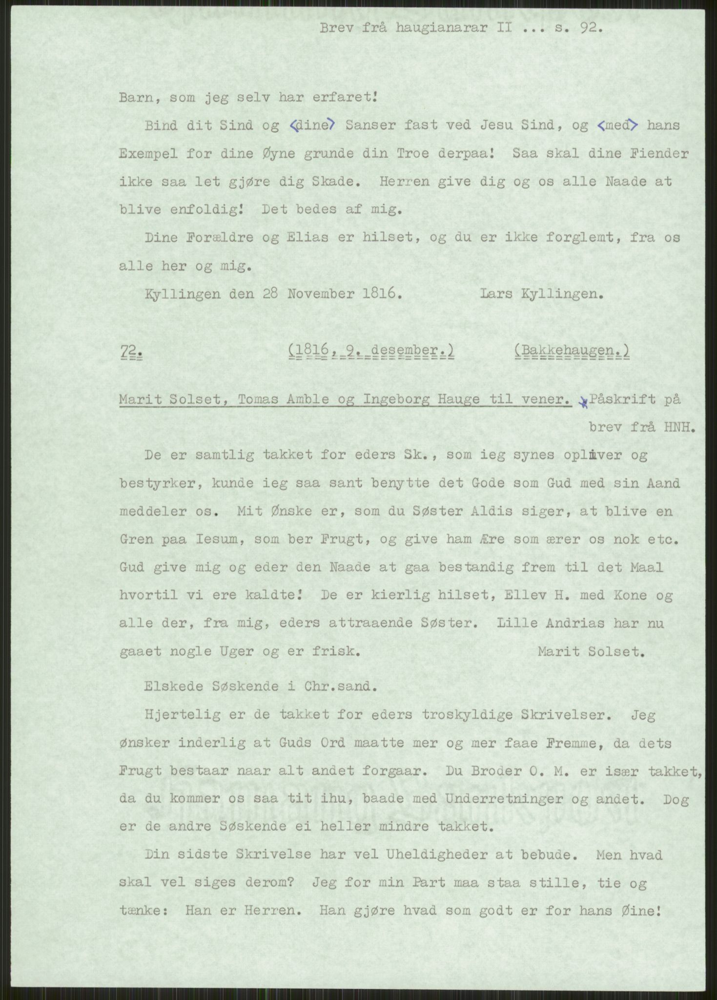 Samlinger til kildeutgivelse, Haugianerbrev, AV/RA-EA-6834/F/L0002: Haugianerbrev II: 1805-1821, 1805-1821, p. 92