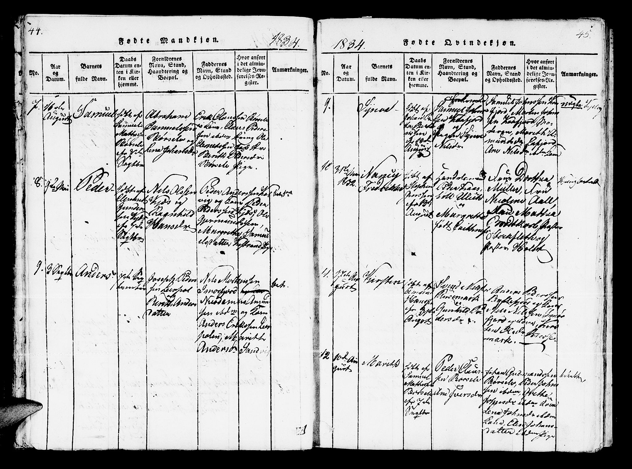 Kistrand/Porsanger sokneprestembete, AV/SATØ-S-1351/H/Ha/L0003.kirke: Parish register (official) no. 3, 1825-1842, p. 44-45