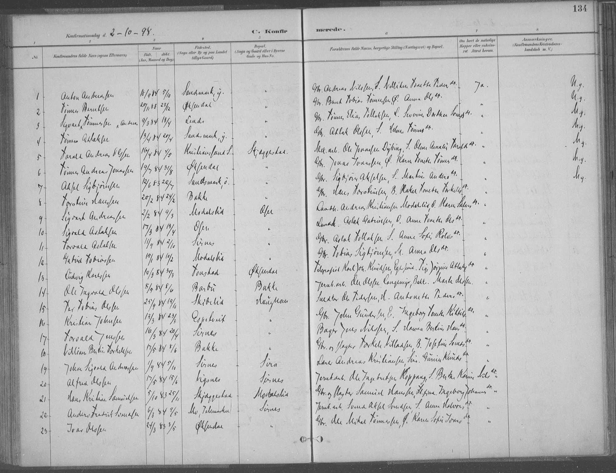 Bakke sokneprestkontor, SAK/1111-0002/F/Fa/Faa/L0008: Parish register (official) no. A 8, 1887-1911, p. 134