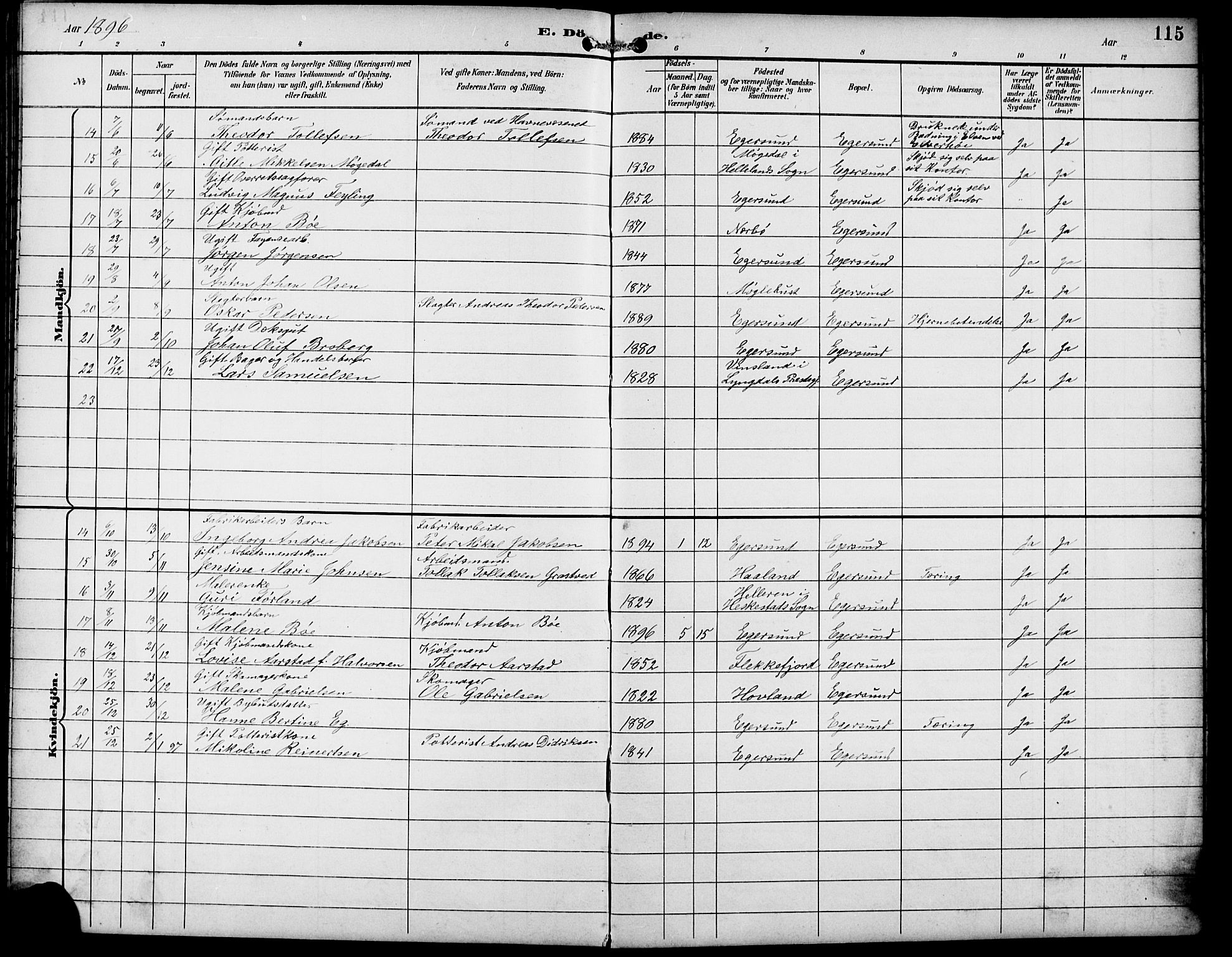 Eigersund sokneprestkontor, AV/SAST-A-101807/S09/L0010: Parish register (copy) no. B 10, 1893-1907, p. 115