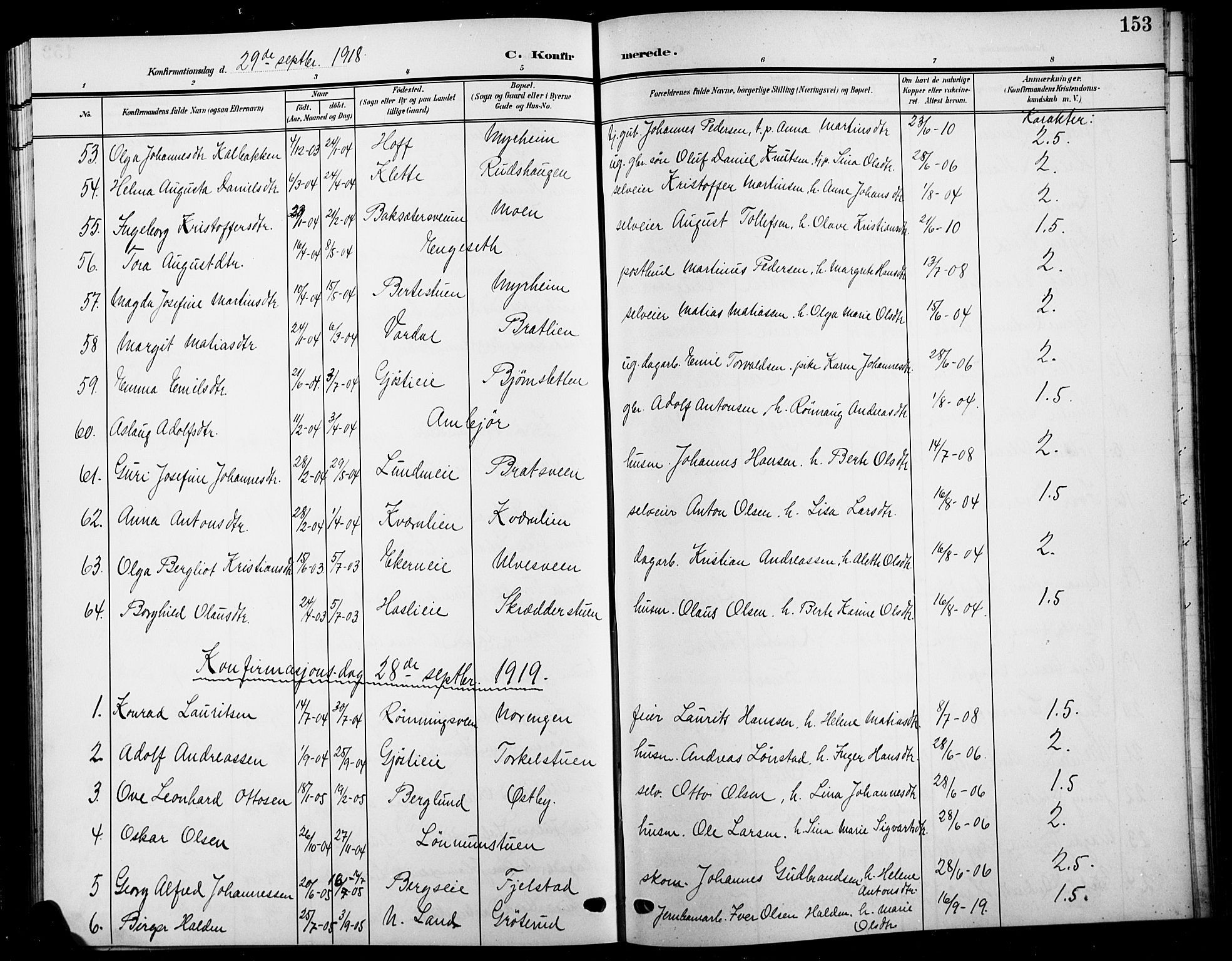 Biri prestekontor, SAH/PREST-096/H/Ha/Hab/L0005: Parish register (copy) no. 5, 1906-1919, p. 153