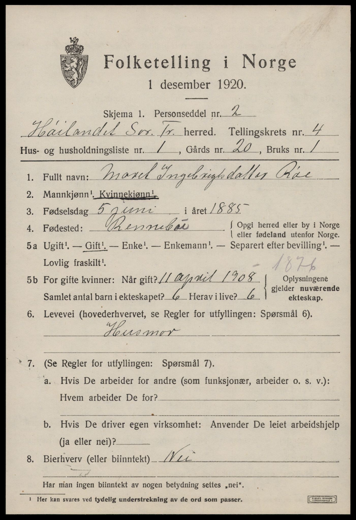 SAT, 1920 census for Hølonda, 1920, p. 1525