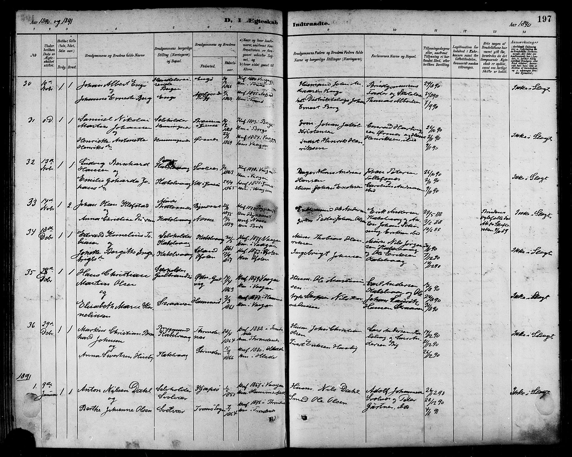 Ministerialprotokoller, klokkerbøker og fødselsregistre - Nordland, AV/SAT-A-1459/874/L1060: Parish register (official) no. 874A04, 1890-1899, p. 197