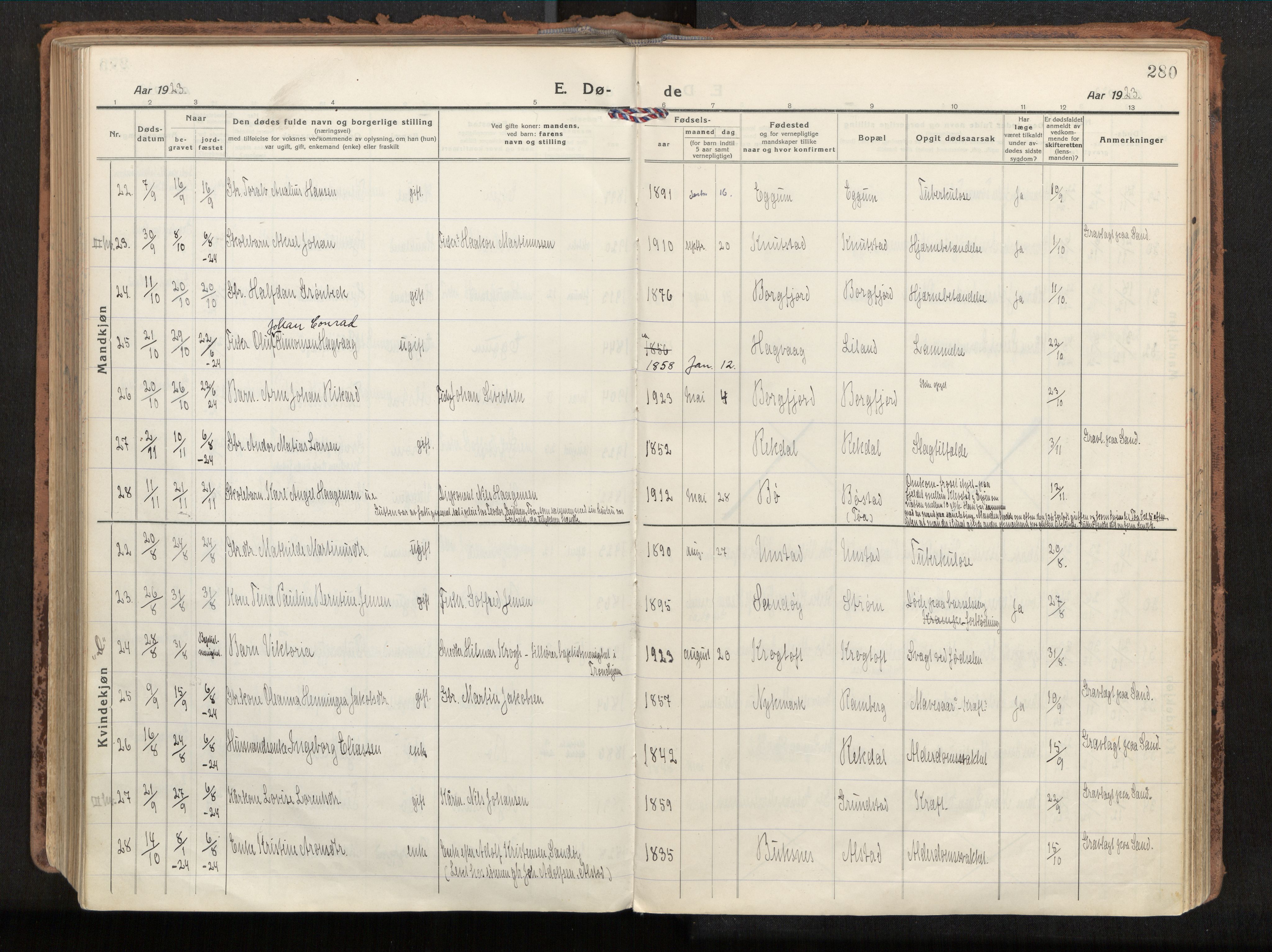 Ministerialprotokoller, klokkerbøker og fødselsregistre - Nordland, AV/SAT-A-1459/880/L1136: Parish register (official) no. 880A10, 1919-1927, p. 280