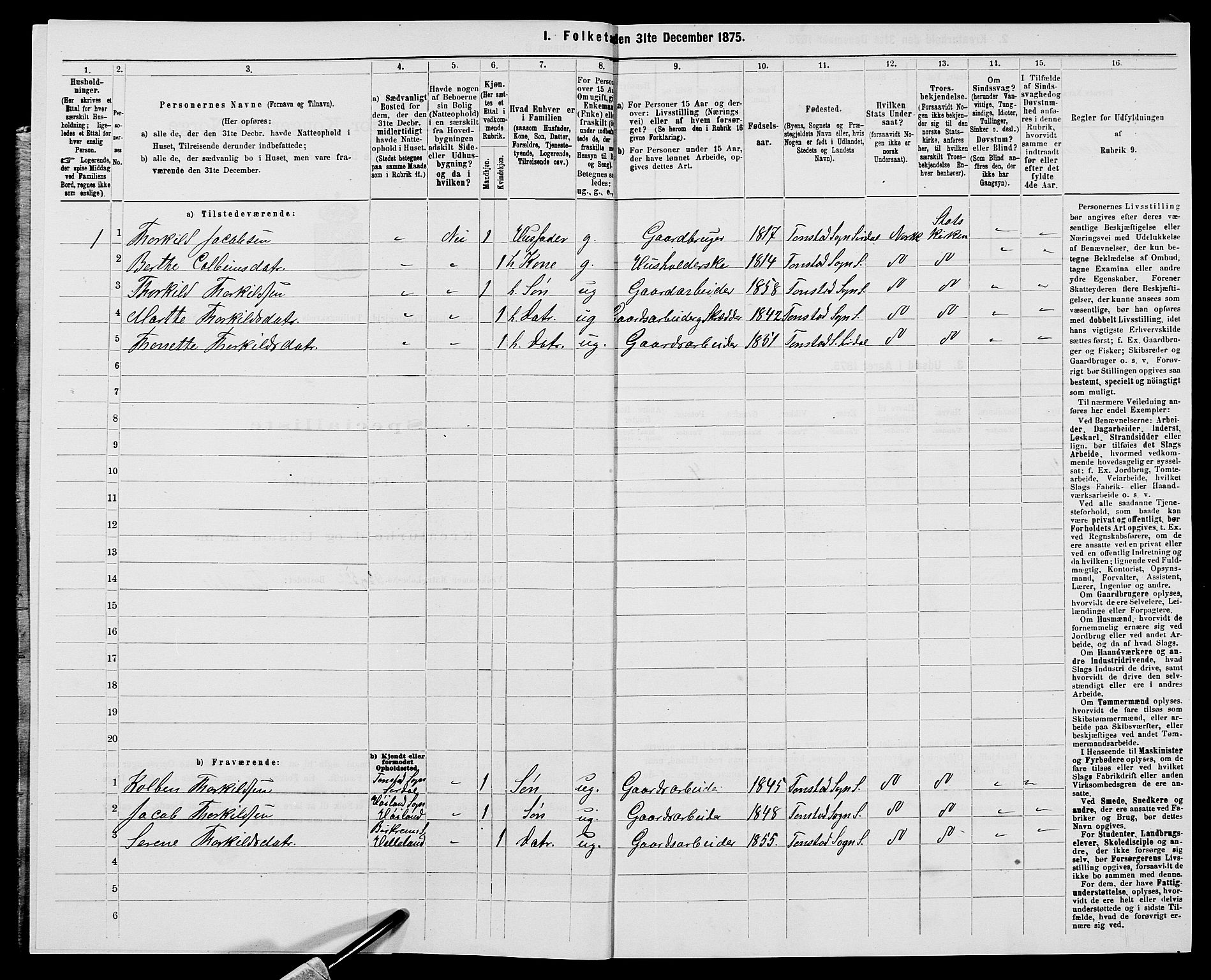 SAK, 1875 census for 1046P Sirdal, 1875, p. 138