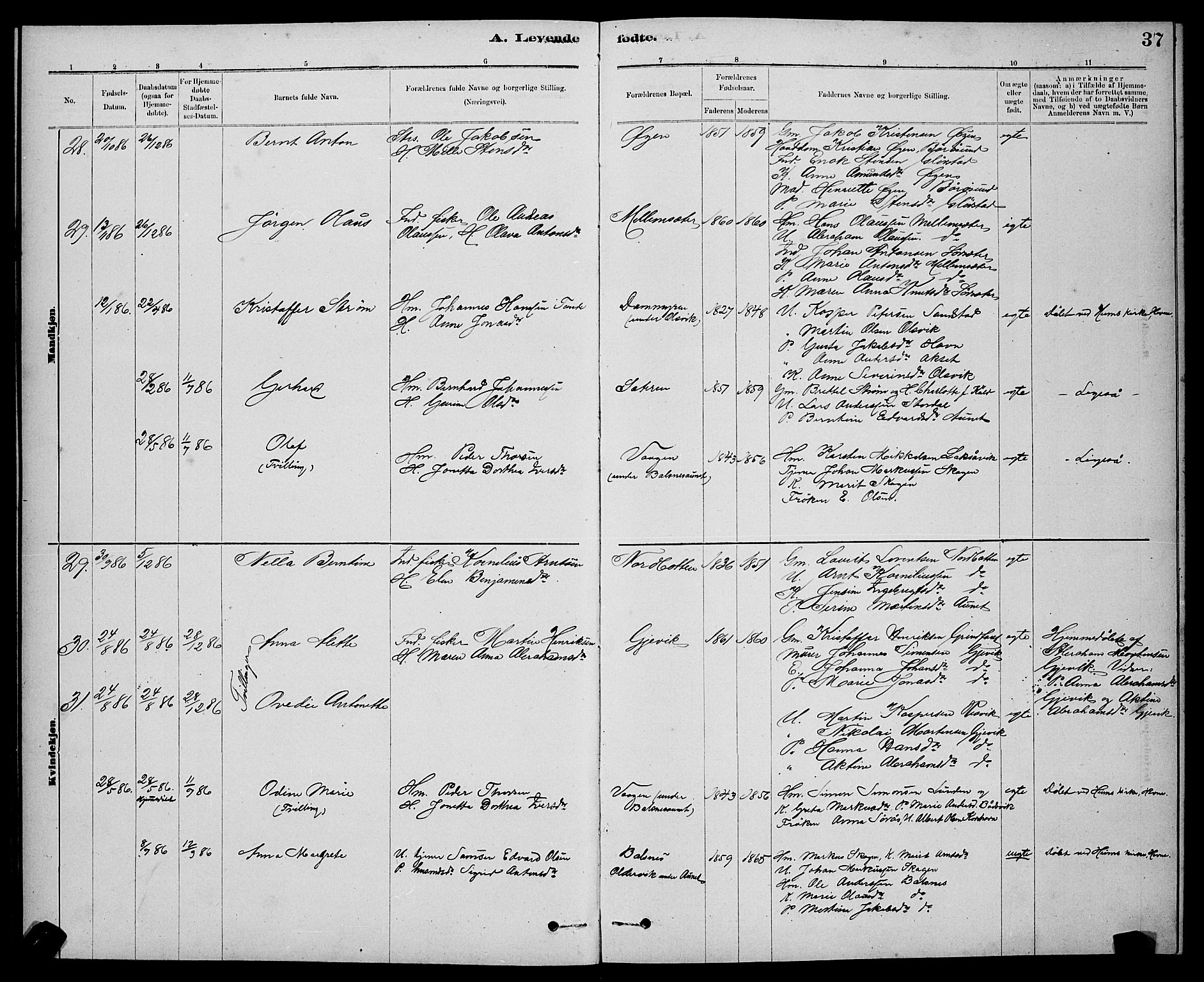 Ministerialprotokoller, klokkerbøker og fødselsregistre - Sør-Trøndelag, SAT/A-1456/637/L0562: Parish register (copy) no. 637C03, 1883-1898, p. 37