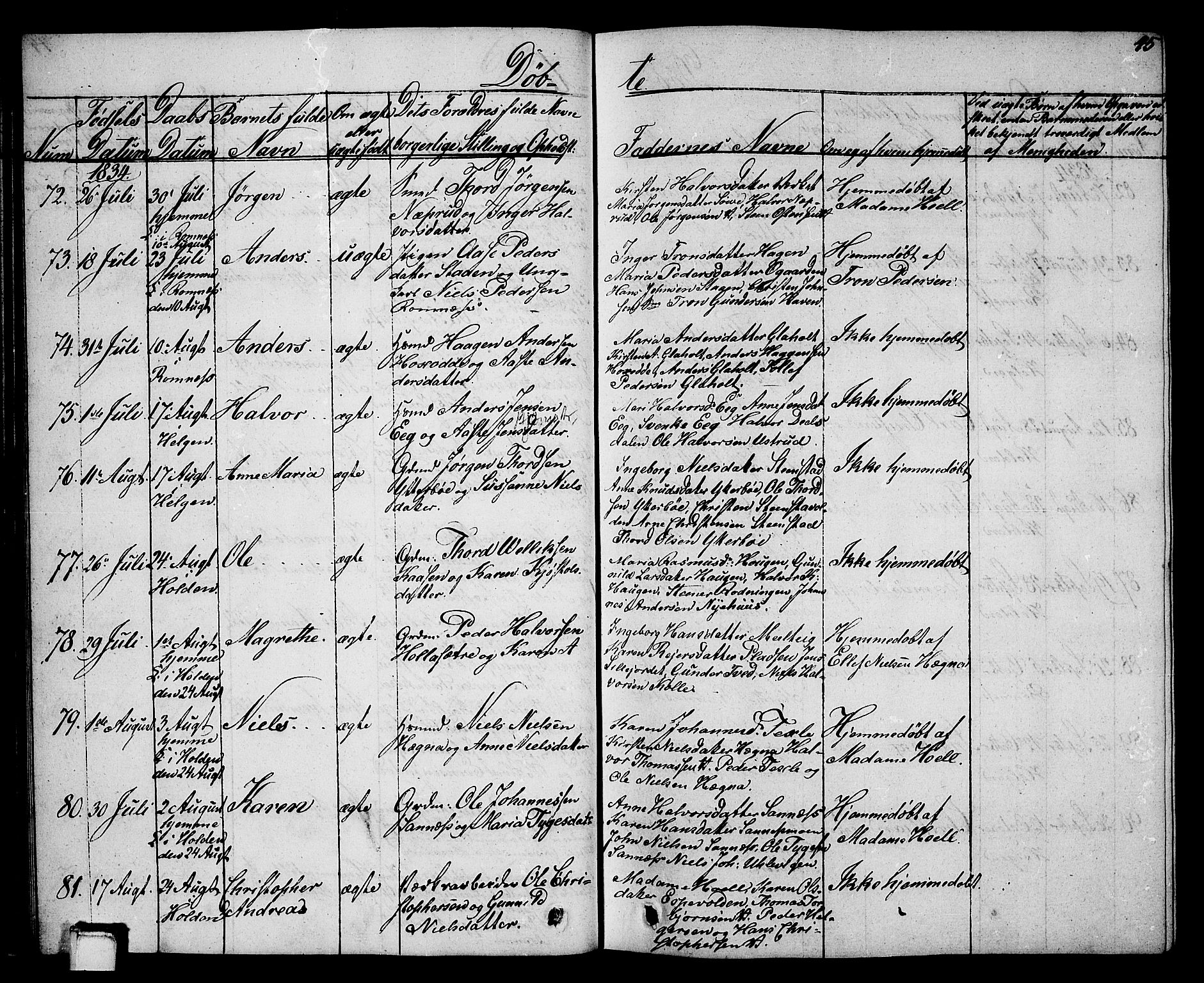 Holla kirkebøker, AV/SAKO-A-272/G/Ga/L0002: Parish register (copy) no. I 2, 1830-1848, p. 45