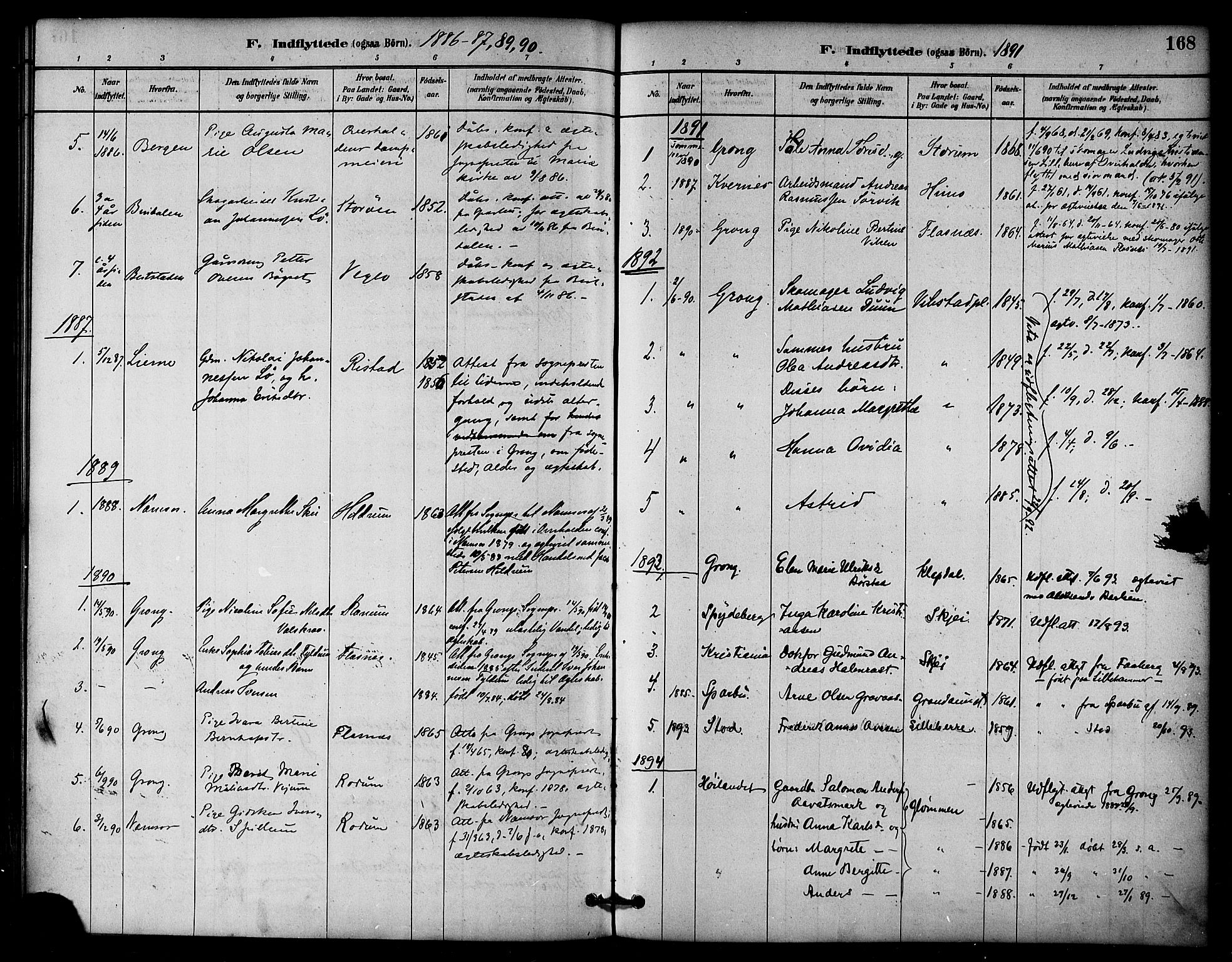 Ministerialprotokoller, klokkerbøker og fødselsregistre - Nord-Trøndelag, AV/SAT-A-1458/764/L0555: Parish register (official) no. 764A10, 1881-1896, p. 168