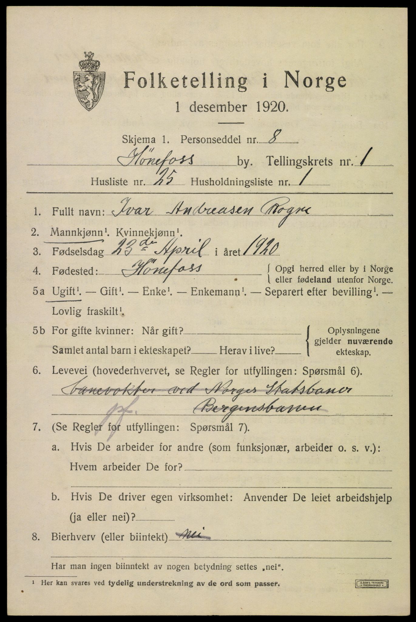 SAKO, 1920 census for Hønefoss, 1920, p. 2824