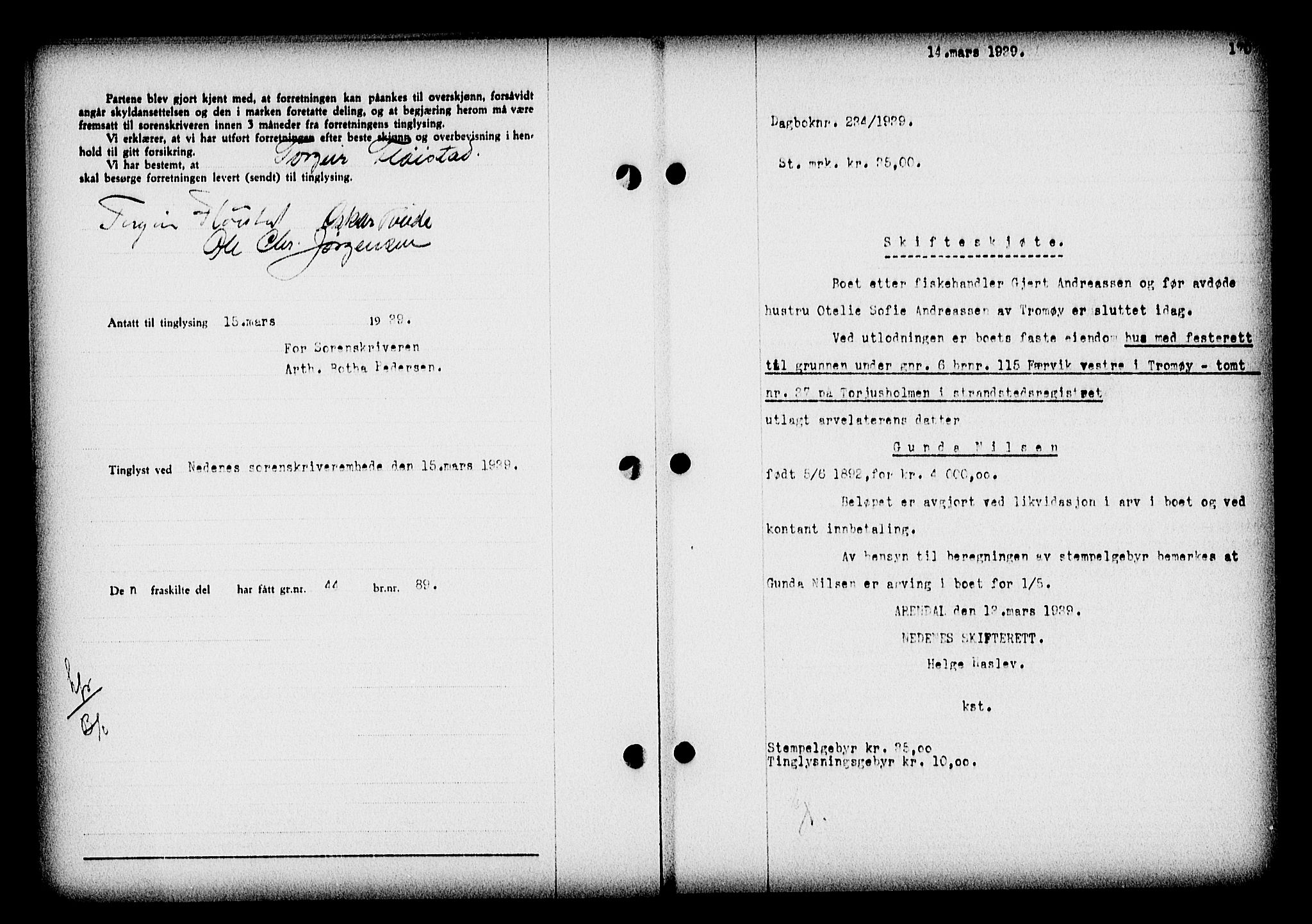 Nedenes sorenskriveri, SAK/1221-0006/G/Gb/Gba/L0046: Mortgage book no. 42, 1938-1939, Diary no: : 234/1939