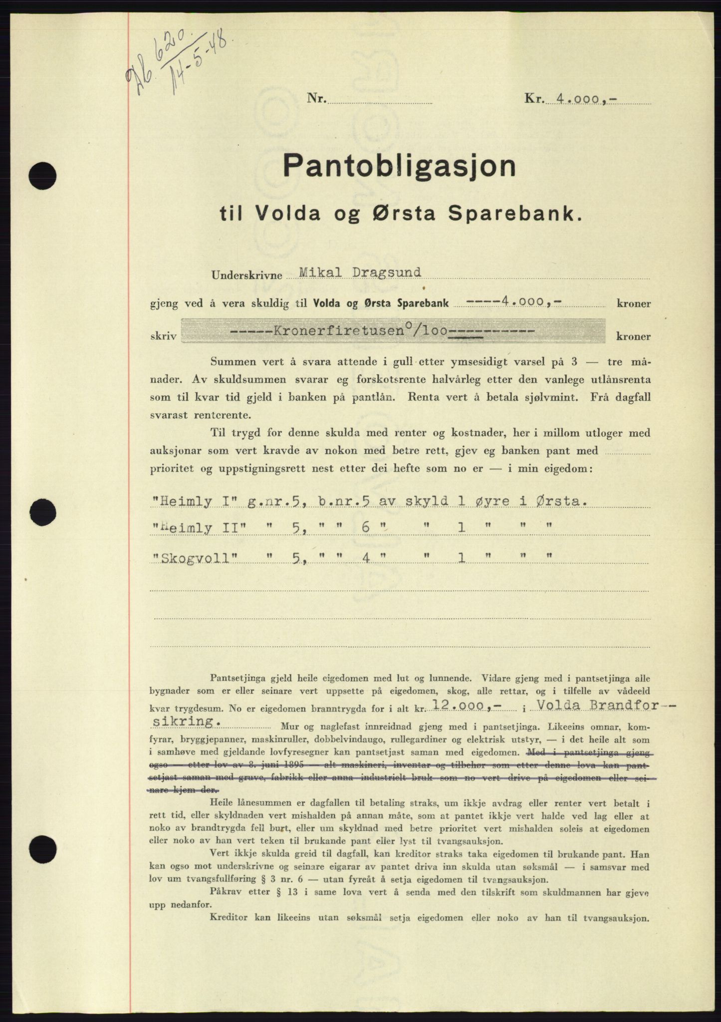 Søre Sunnmøre sorenskriveri, AV/SAT-A-4122/1/2/2C/L0115: Mortgage book no. 3B, 1947-1948, Diary no: : 620/1948