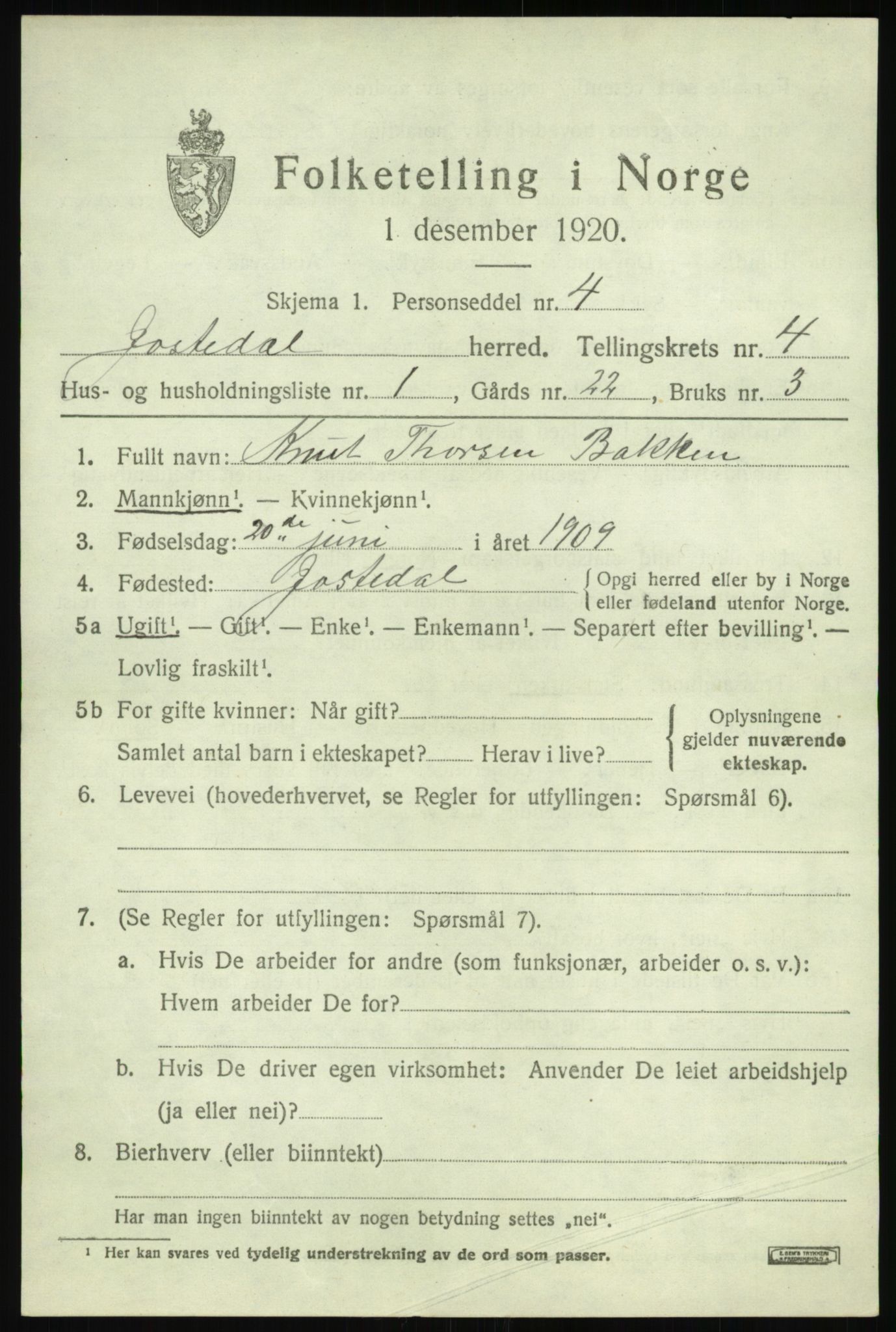 SAB, 1920 census for Jostedal, 1920, p. 1524