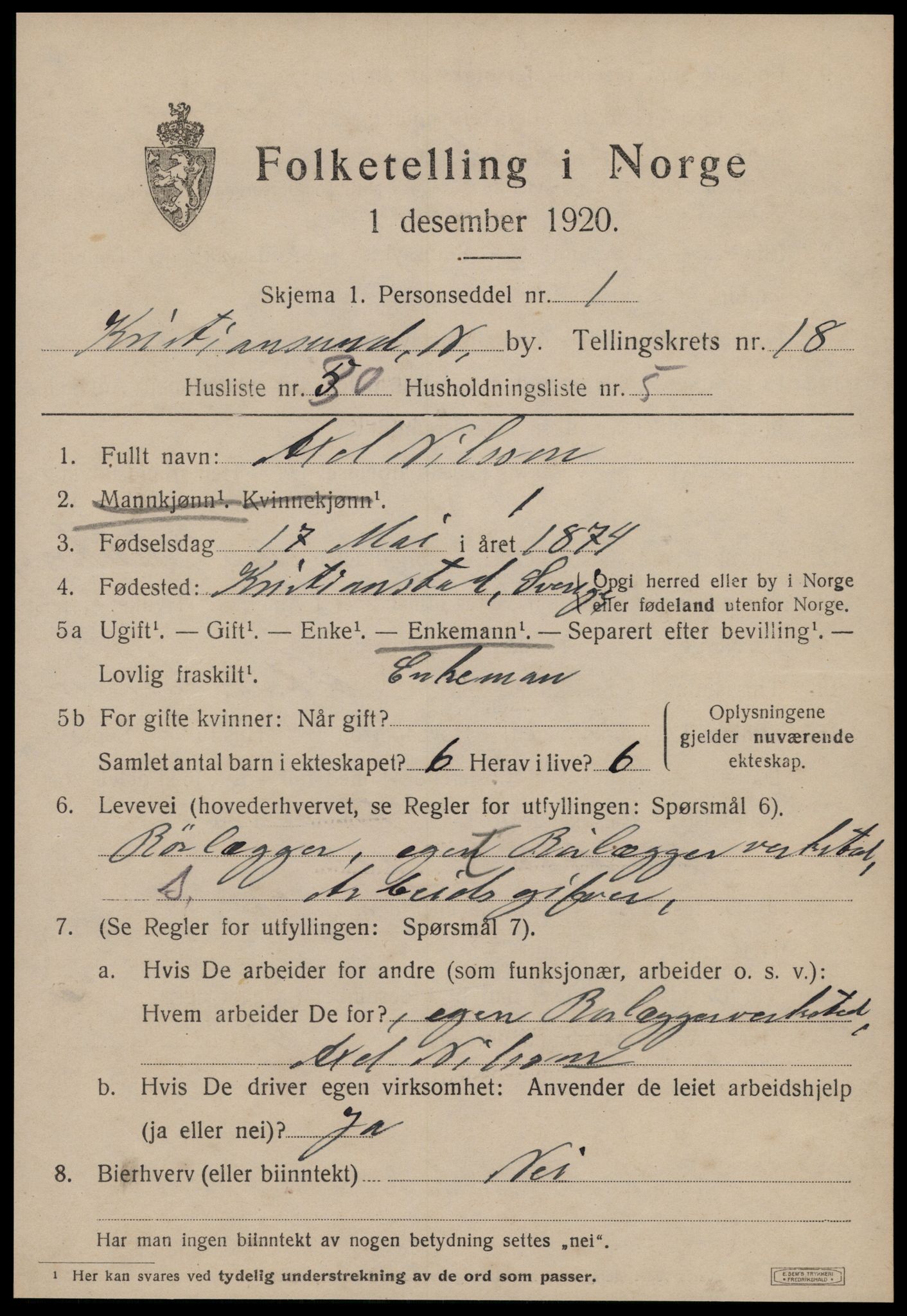 SAT, 1920 census for Kristiansund, 1920, p. 37487