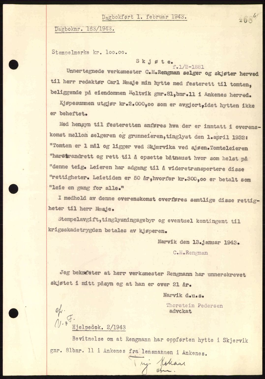 Steigen og Ofoten sorenskriveri, AV/SAT-A-0030/1/2/2C: Mortgage book no. A9-12, 1942-1946, Diary no: : 163/1943