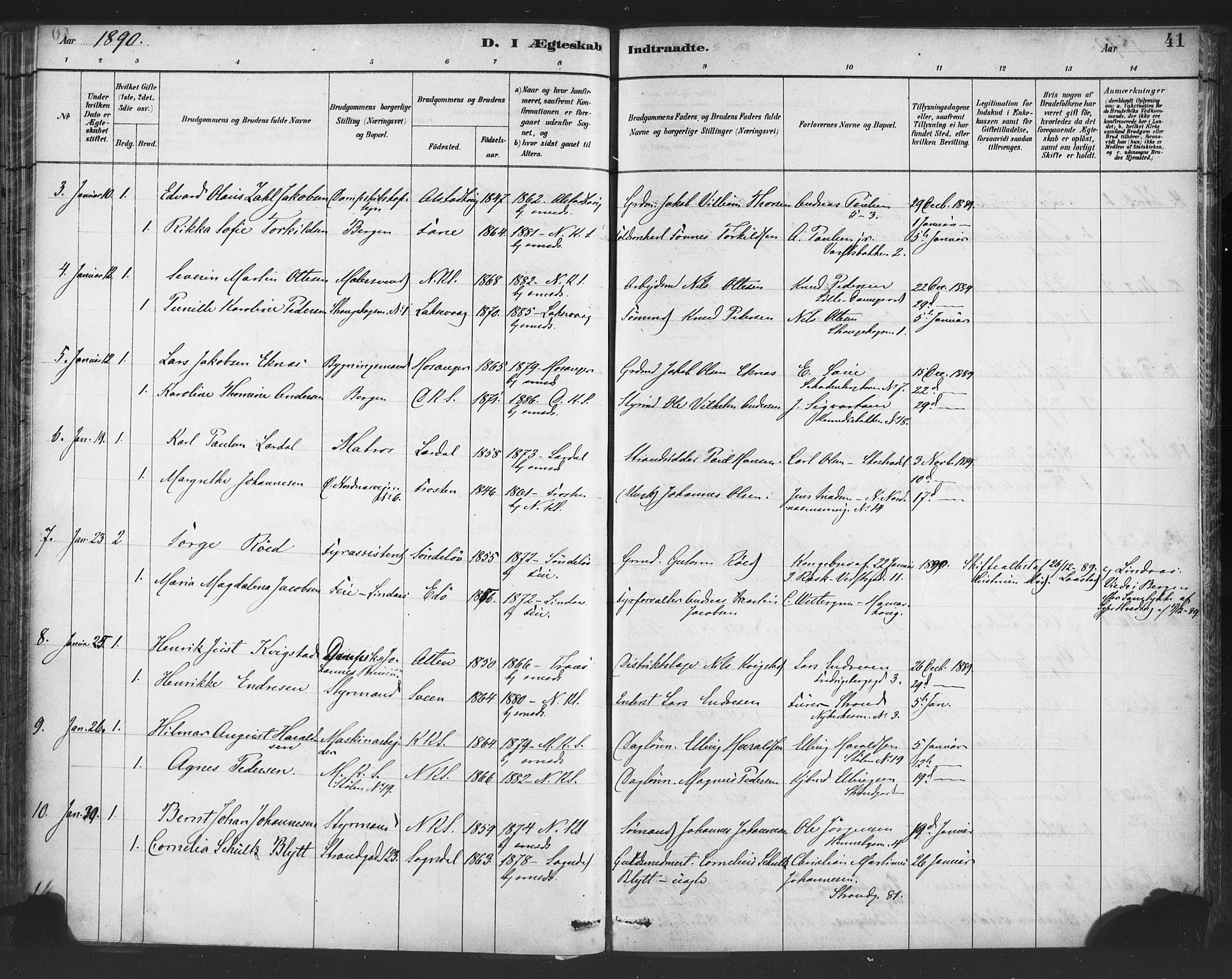 Nykirken Sokneprestembete, AV/SAB-A-77101/H/Haa/L0033: Parish register (official) no. D 3, 1884-1895, p. 41