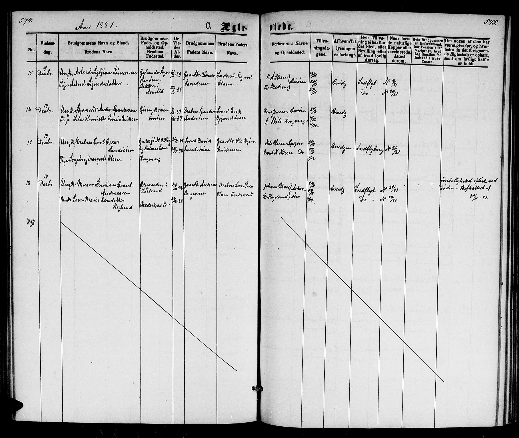 Dypvåg sokneprestkontor, AV/SAK-1111-0007/F/Fb/Fba/L0012: Parish register (copy) no. B 12, 1872-1886, p. 574-575