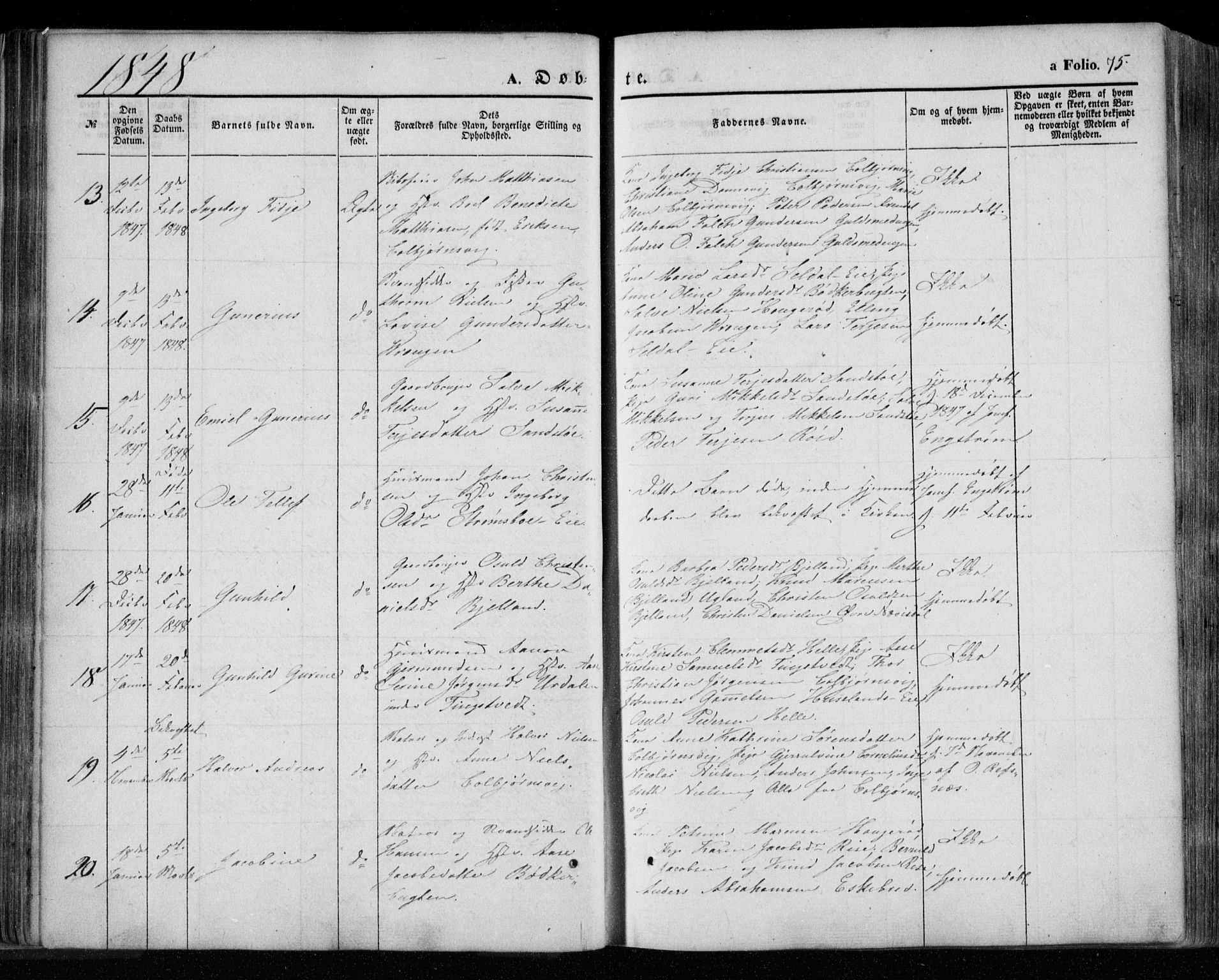 Øyestad sokneprestkontor, AV/SAK-1111-0049/F/Fa/L0014: Parish register (official) no. A 14, 1843-1856, p. 75