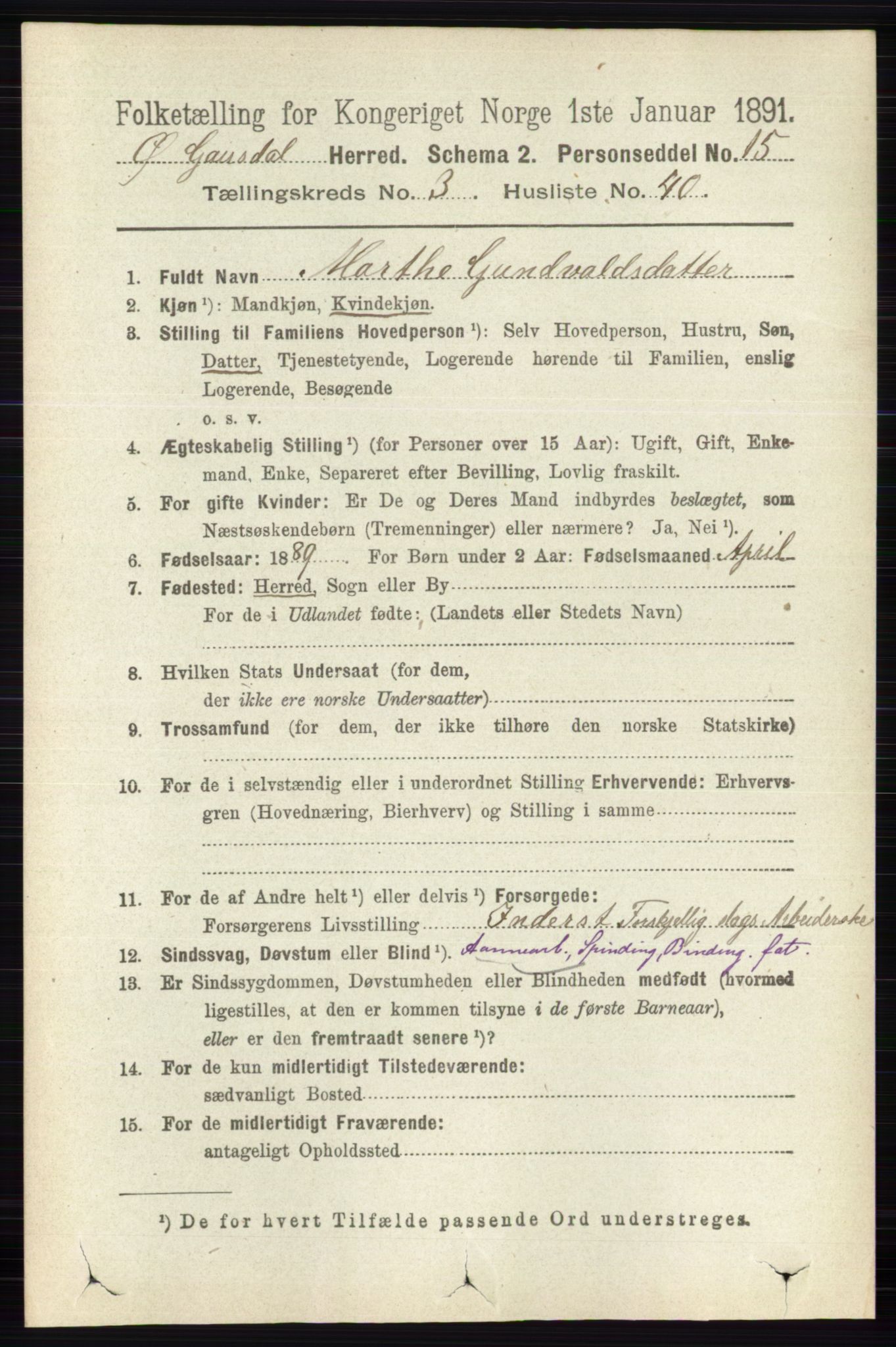 RA, 1891 census for 0522 Østre Gausdal, 1891, p. 1987
