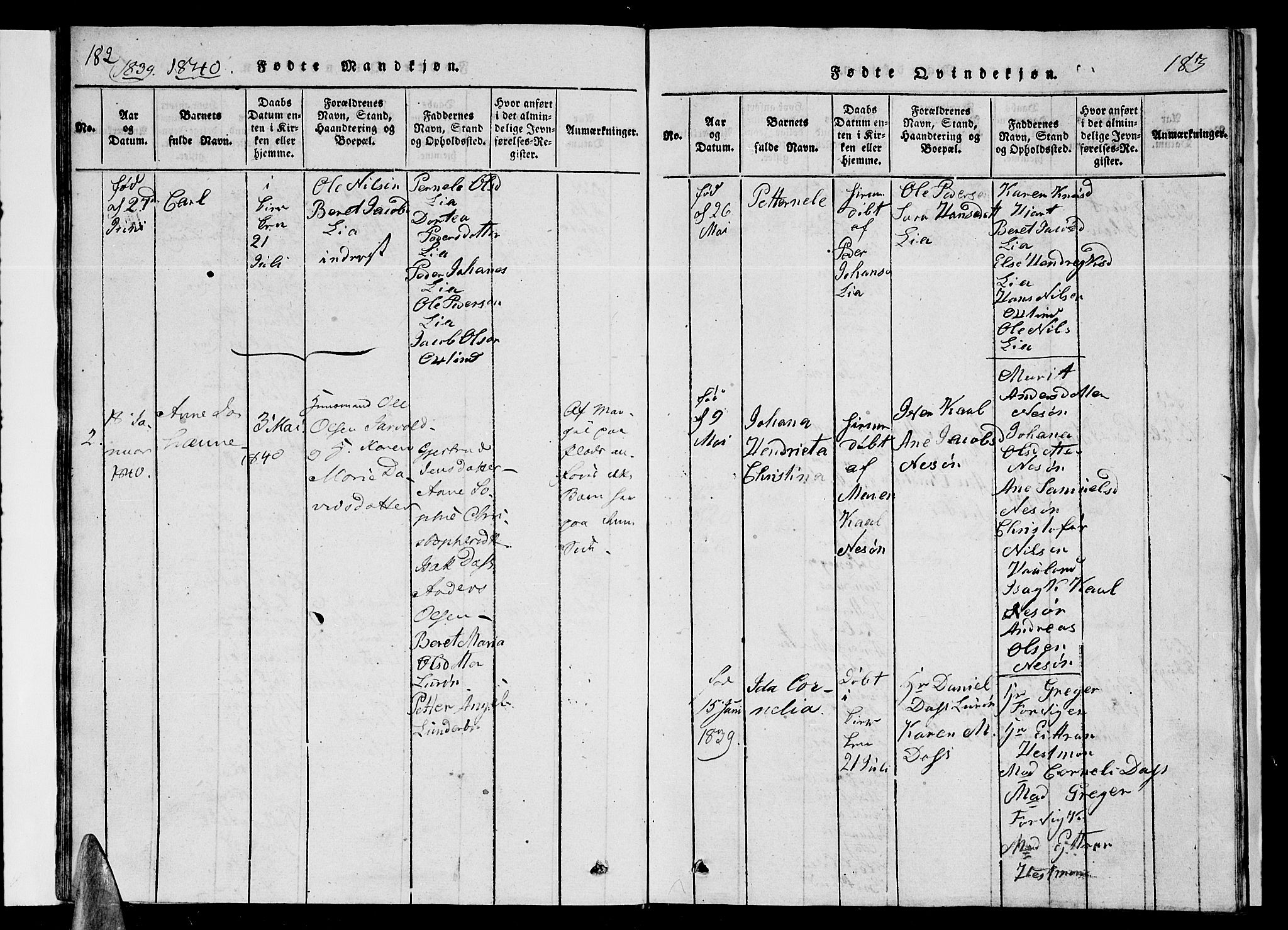 Ministerialprotokoller, klokkerbøker og fødselsregistre - Nordland, AV/SAT-A-1459/839/L0571: Parish register (copy) no. 839C01, 1820-1840, p. 182-183