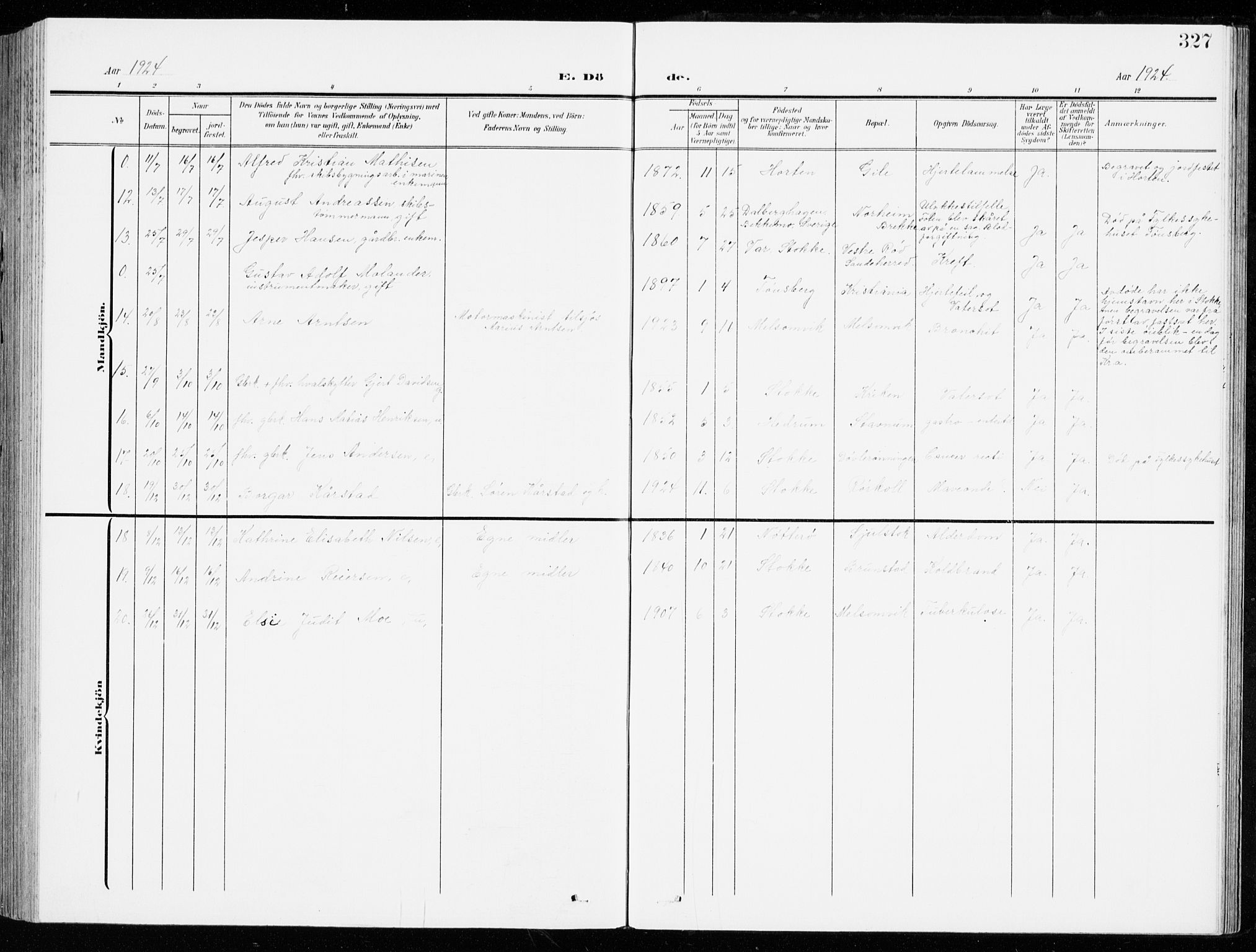 Stokke kirkebøker, AV/SAKO-A-320/G/Ga/L0001: Parish register (copy) no. I 1, 1904-1940, p. 327