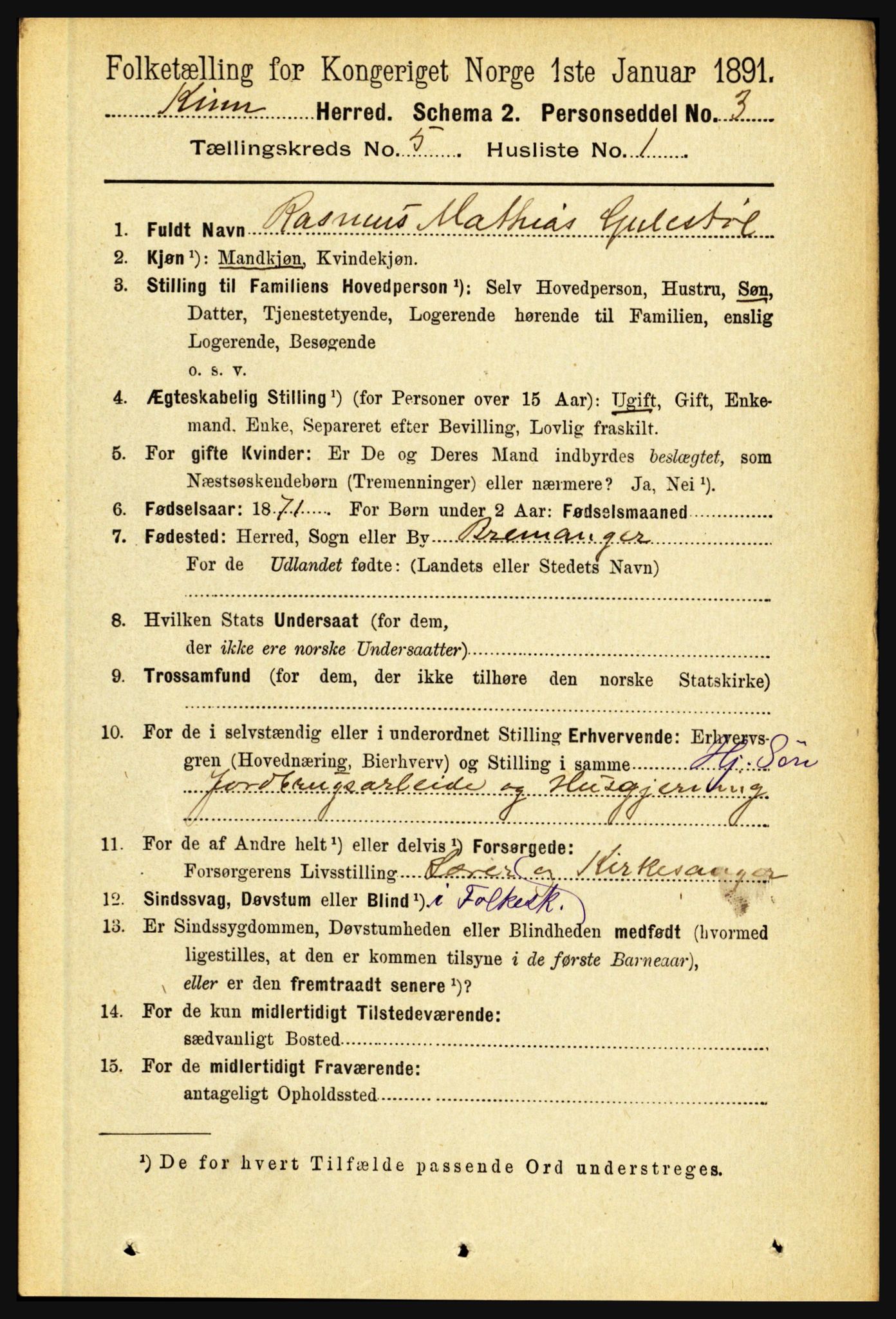 RA, 1891 census for 1437 Kinn, 1891, p. 1815