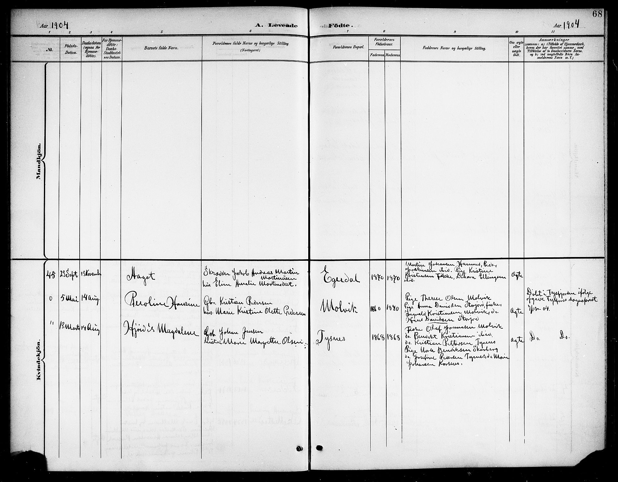 Ministerialprotokoller, klokkerbøker og fødselsregistre - Nordland, AV/SAT-A-1459/859/L0860: Parish register (copy) no. 859C06, 1899-1909, p. 68