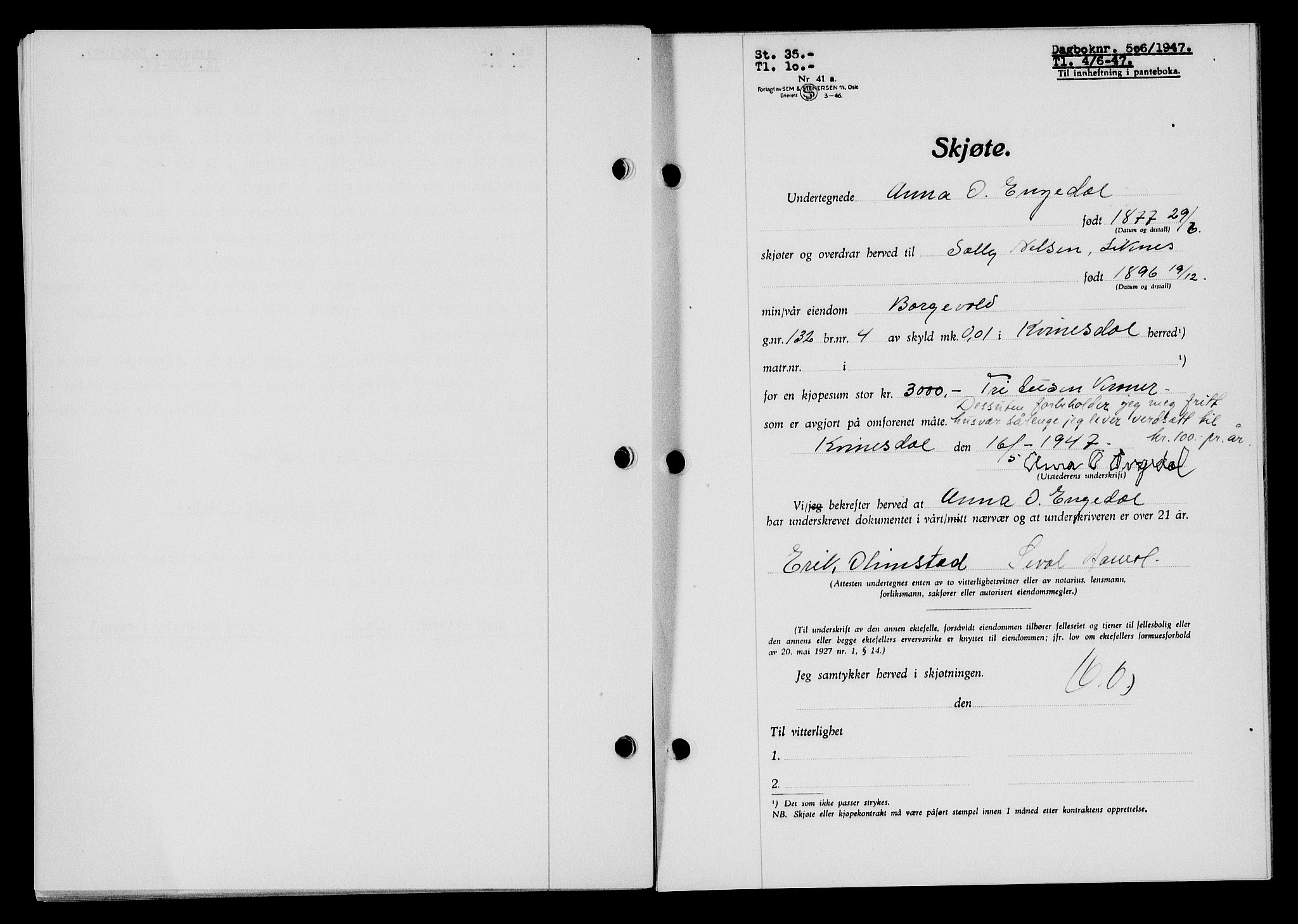Flekkefjord sorenskriveri, SAK/1221-0001/G/Gb/Gba/L0062: Mortgage book no. A-10, 1947-1947, Diary no: : 506/1947