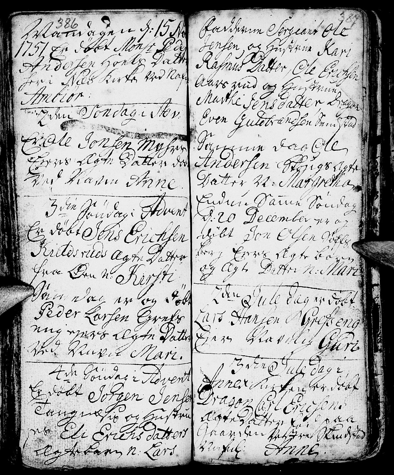 Nes prestekontor, Hedmark, AV/SAH-PREST-020/L/La/L0001: Parish register (copy) no. 1, 1663-1784, p. 386-387