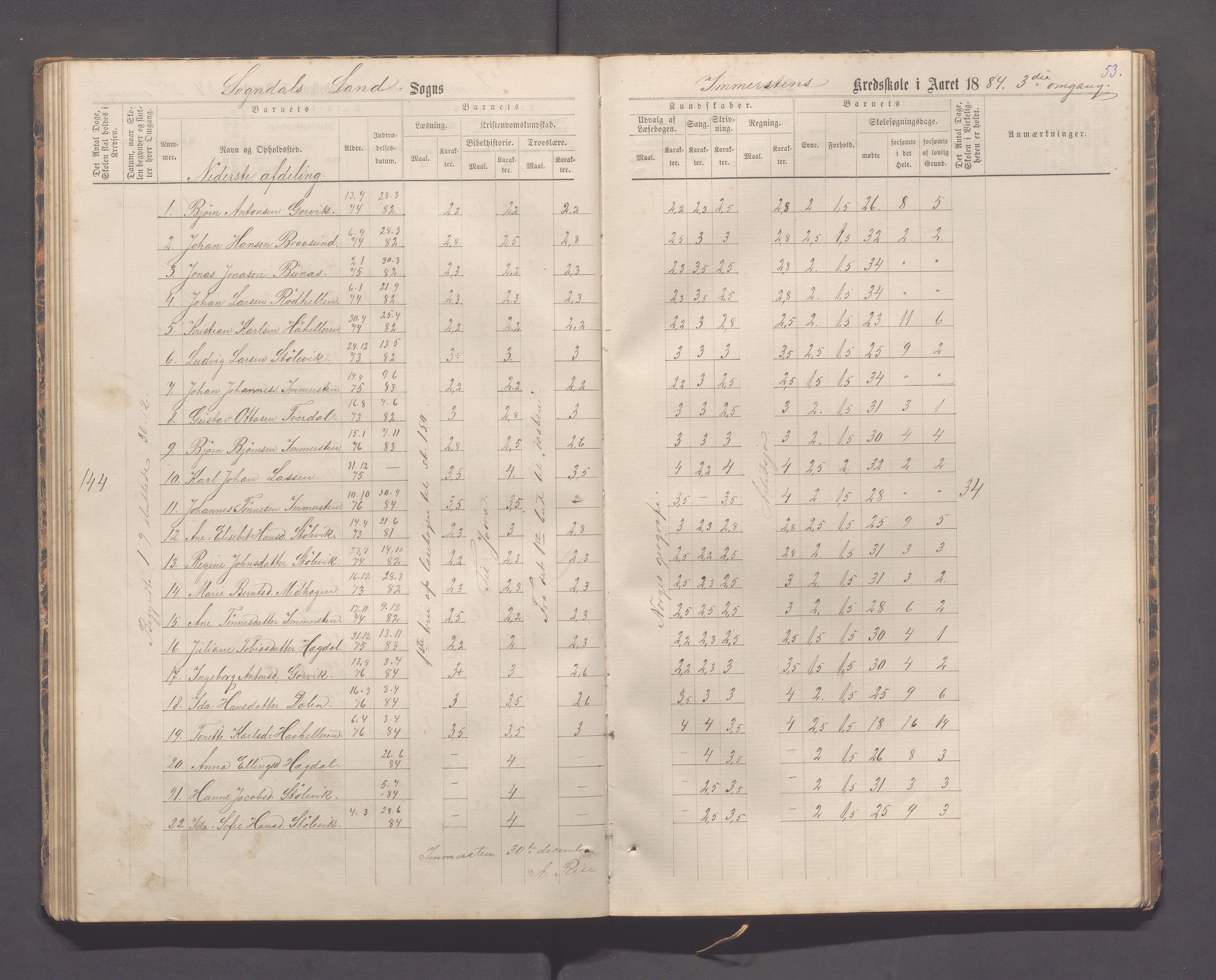 Sokndal kommune- Immerstein skole, IKAR/K-101146/H/L0001: Skoleprotokoll - Immerstein, Drageland, 1878-1886, p. 53