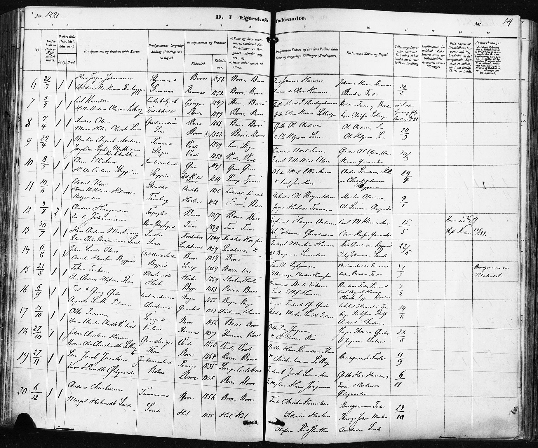 Borre kirkebøker, SAKO/A-338/F/Fa/L0009: Parish register (official) no. I 9, 1878-1896, p. 149