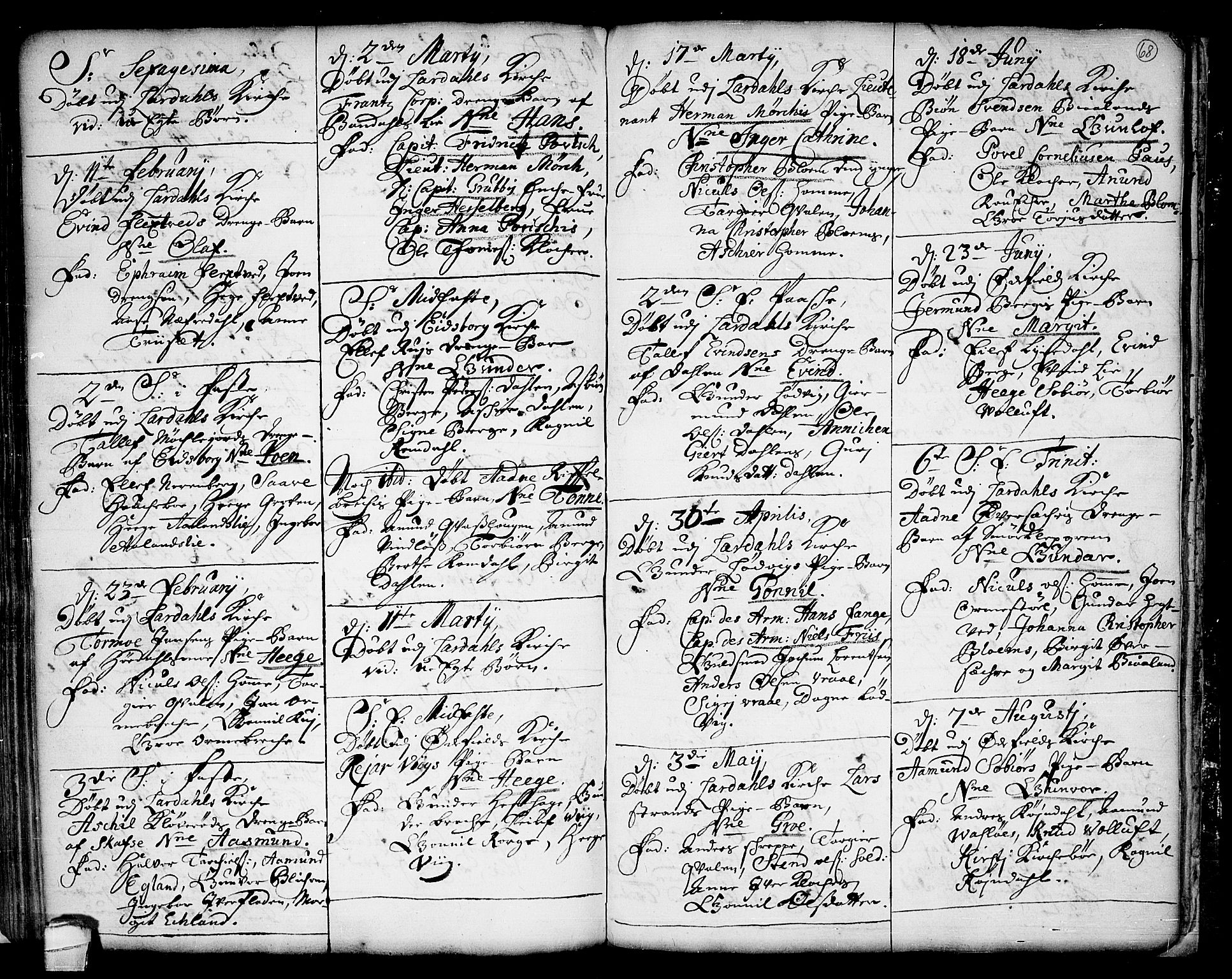 Lårdal kirkebøker, SAKO/A-284/F/Fa/L0001: Parish register (official) no. I 1, 1721-1734, p. 68